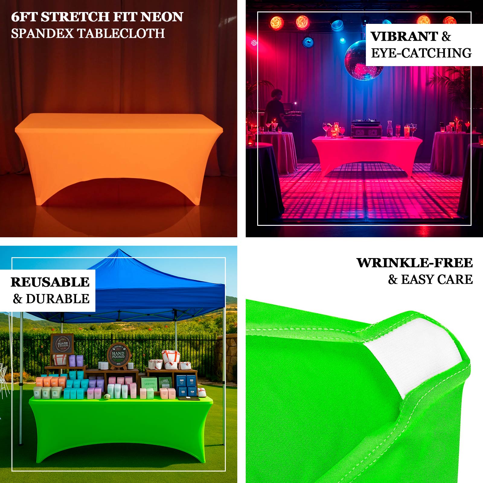 Glow Neon Green Fitted Spandex Tablecloth – 6ft Rectangle, Wrinkle-Free Cover