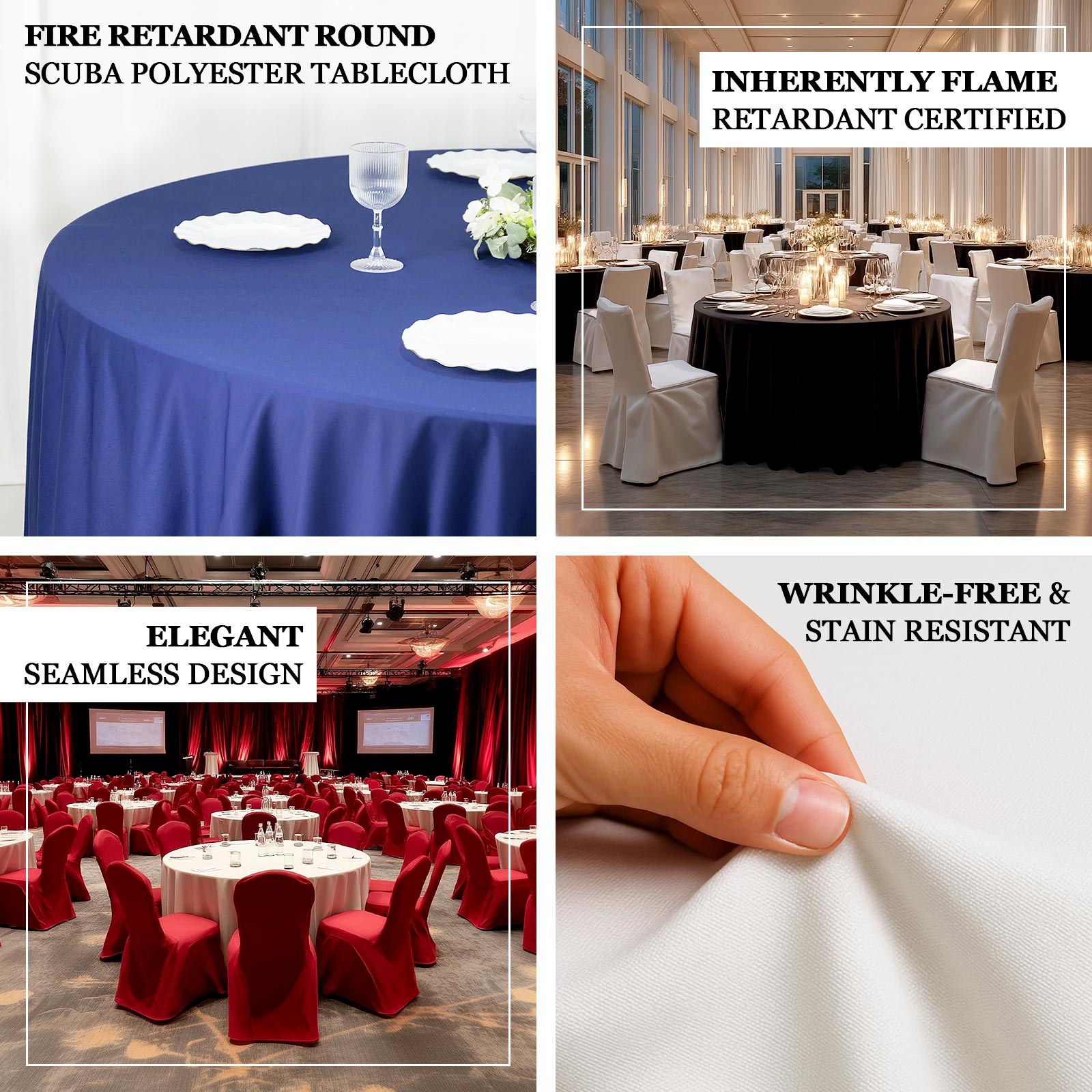 Fire Retardant Scuba Tablecloth – 132" Round Navy Blue, Wrinkle Free, Stain Resistant, Seamless Polyester Cover