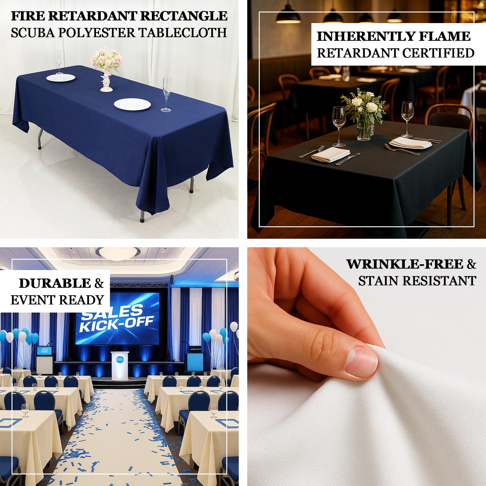 Fire Retardant Scuba Tablecloth – 60"x126" Rectangle Navy Blue, Wrinkle Free, Stain Resistant Polyester Cover