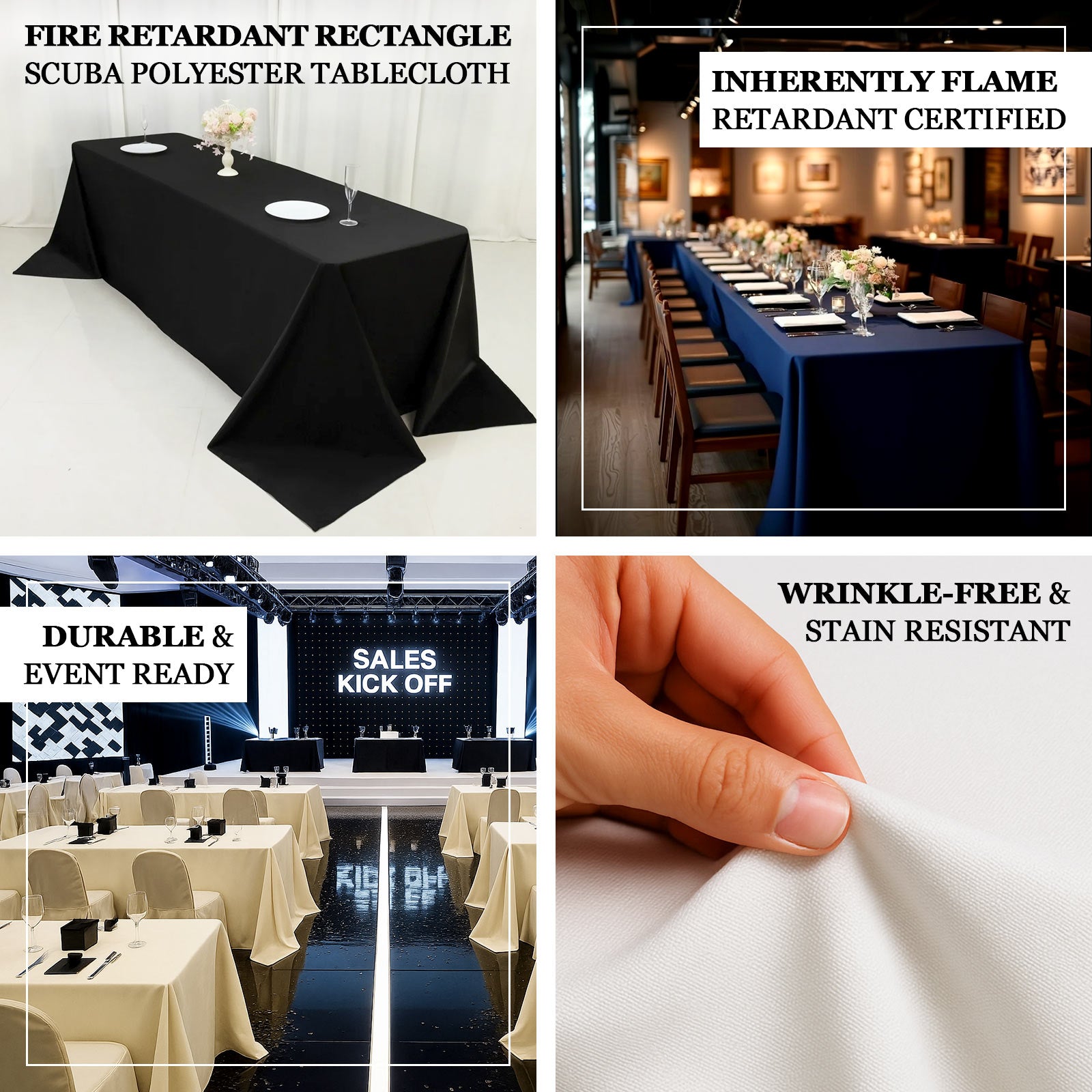 Fire Retardant Scuba Tablecloth – 90"x132" Rectangle White, Wrinkle Free, Stain Resistant, Seamless Polyester Cover