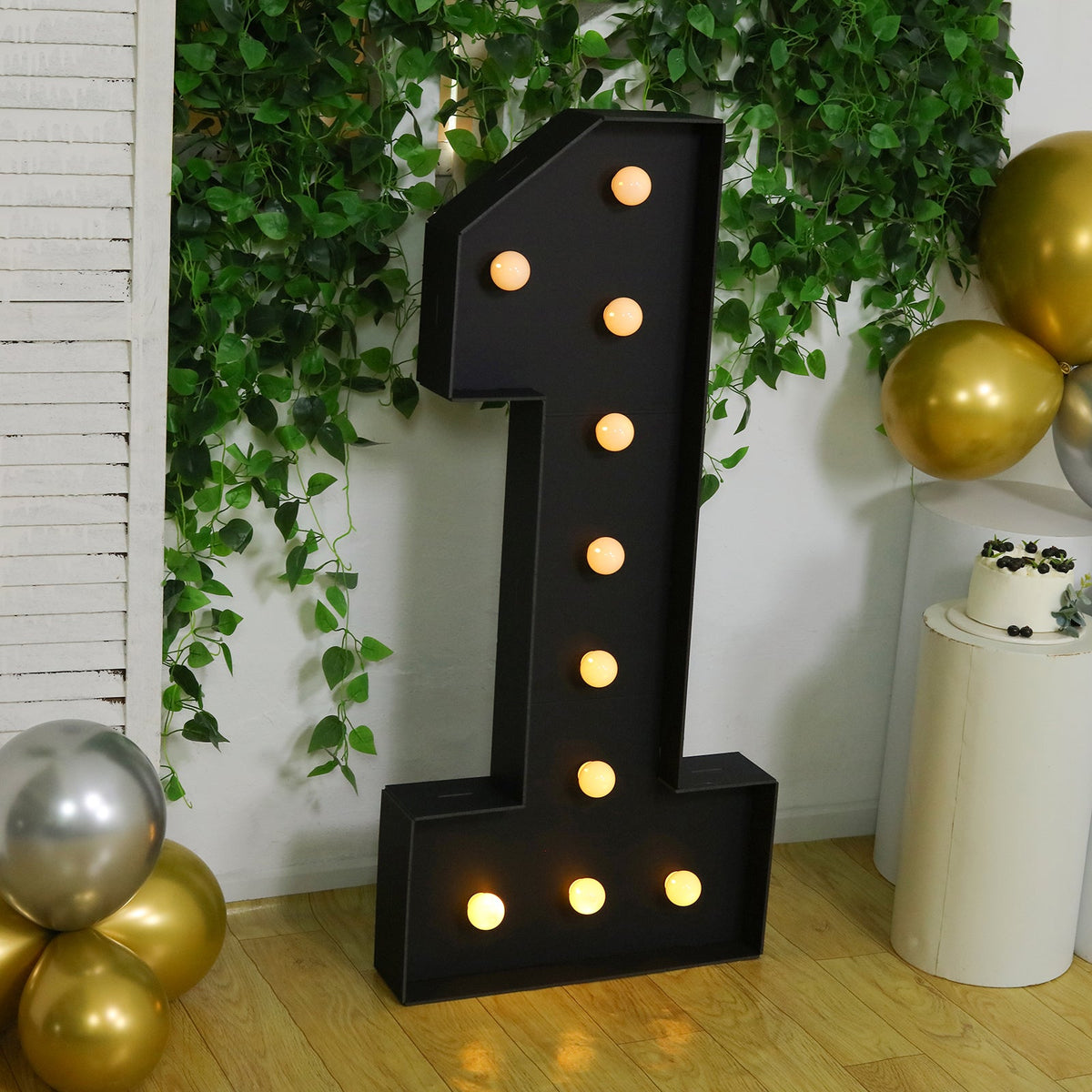 Giant LED Marquee Light Up Number "1", Black 4ft Pre-Cut Foam Board with 10 Warm White Battery Operated LEDs, Glue Gun and Sticks