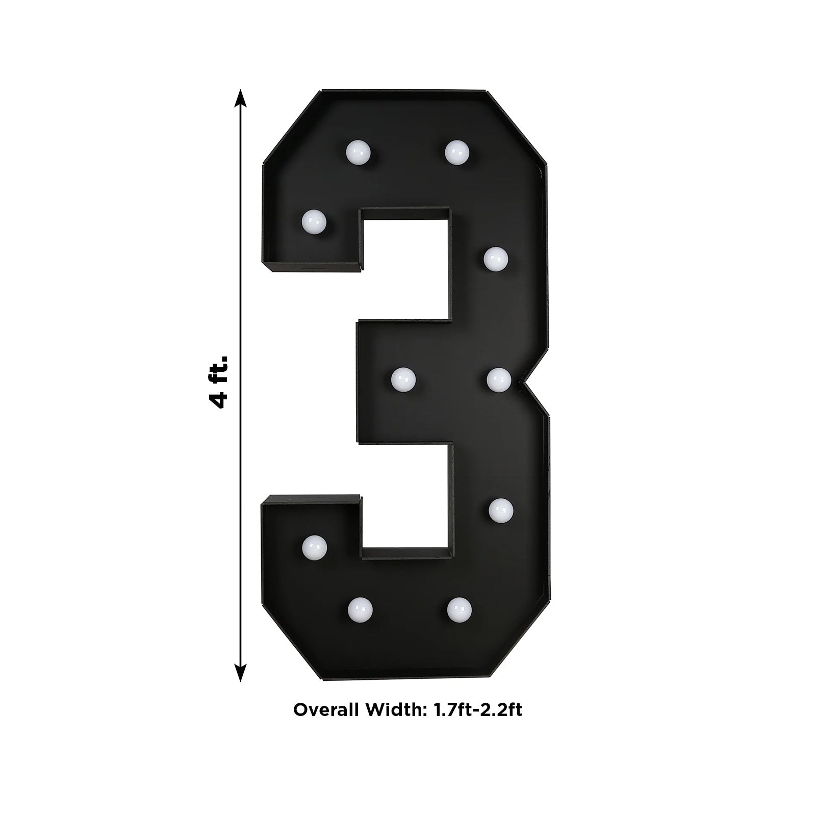 Giant LED Marquee Light Up Number "3", Black 4ft Pre-Cut Foam Board with 10 Warm White Battery Operated LEDs, Glue Gun and Sticks