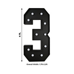 Giant LED Marquee Light Up Number "3", Black 4ft Pre-Cut Foam Board with 10 Warm White Battery Operated LEDs, Glue Gun and Sticks