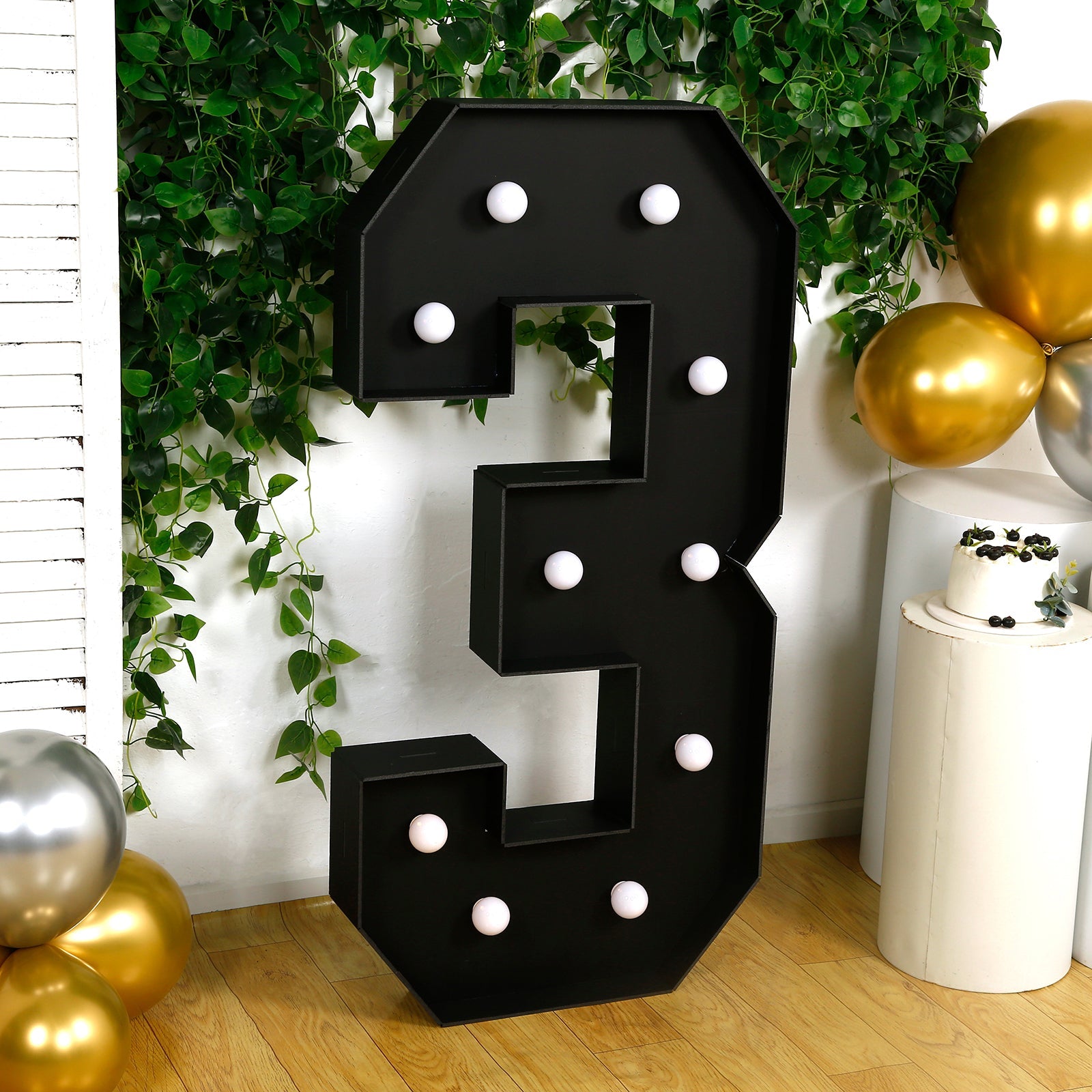 Giant LED Marquee Light Up Number "3", Black 4ft Pre-Cut Foam Board with 10 Warm White Battery Operated LEDs, Glue Gun and Sticks