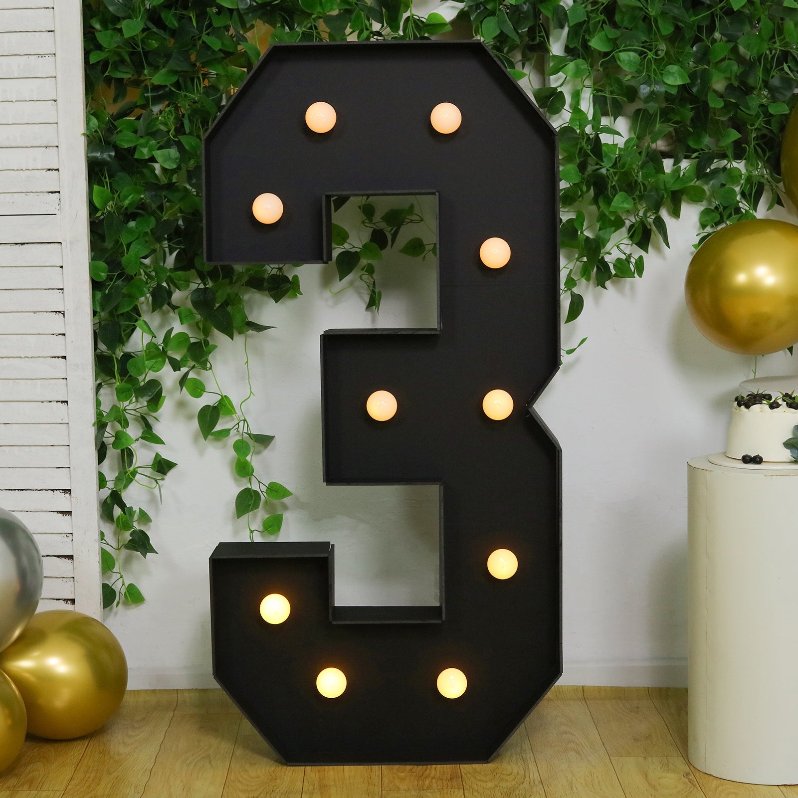 Giant LED Marquee Light Up Number "3", Black 4ft Pre-Cut Foam Board with 10 Warm White Battery Operated LEDs, Glue Gun and Sticks