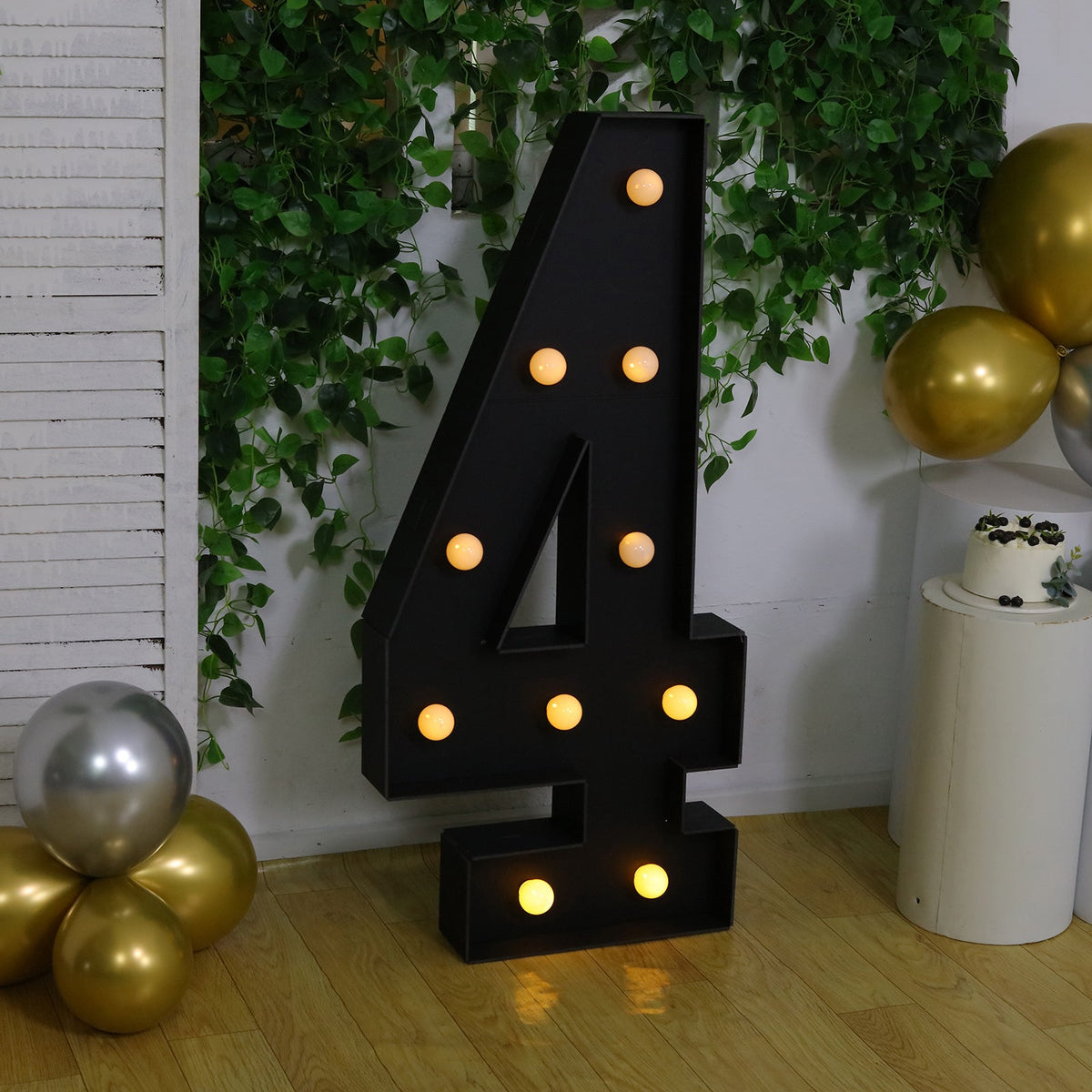 Giant LED Marquee Light Up Number "4", Black 4ft Pre-Cut Foam Board with 10 Warm White Battery Operated LEDs, Glue Gun and Sticks