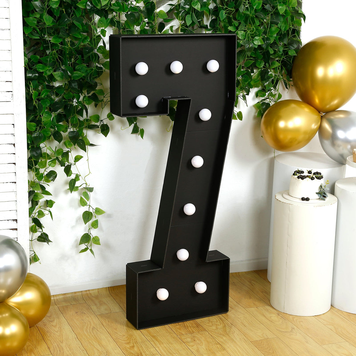 Giant LED Marquee Light Up Number "7", Black 4ft Pre-Cut Foam Board with 10 Warm White Battery Operated LEDs, Glue Gun and Sticks