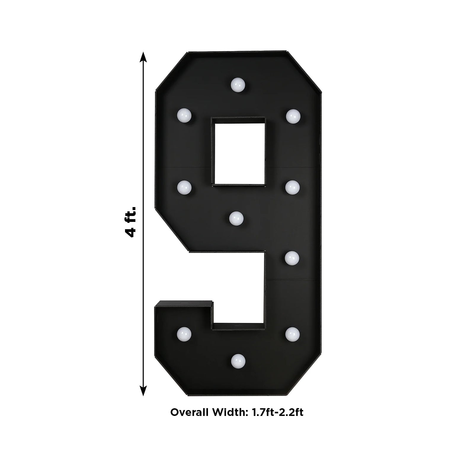 Giant LED Marquee Light Up Number "9", Black 4ft Pre-Cut Foam Board with 10 Warm White Battery Operated LEDs, Glue Gun and Sticks