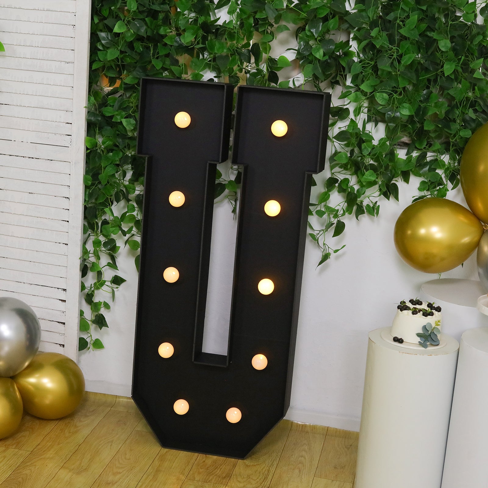 Giant LED Marquee Light Up Letter "U", Black 4ft Pre-Cut Foam Board with 10 Warm White Battery Operated LEDs, Glue Gun and Sticks