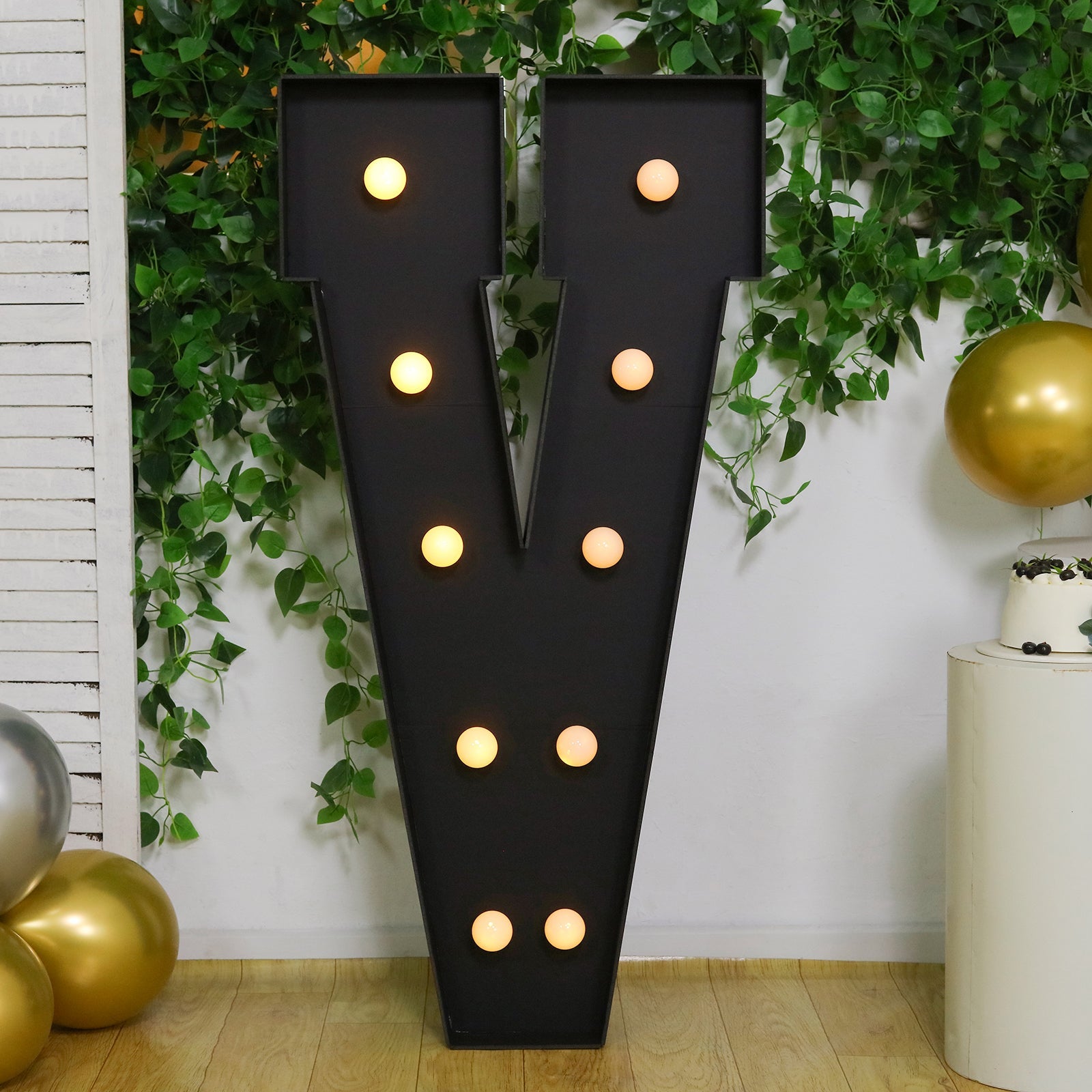 Giant LED Marquee Light Up Letter "V", Black 4ft Pre-Cut Foam Board with 10 Warm White Battery Operated LEDs, Glue Gun and Sticks