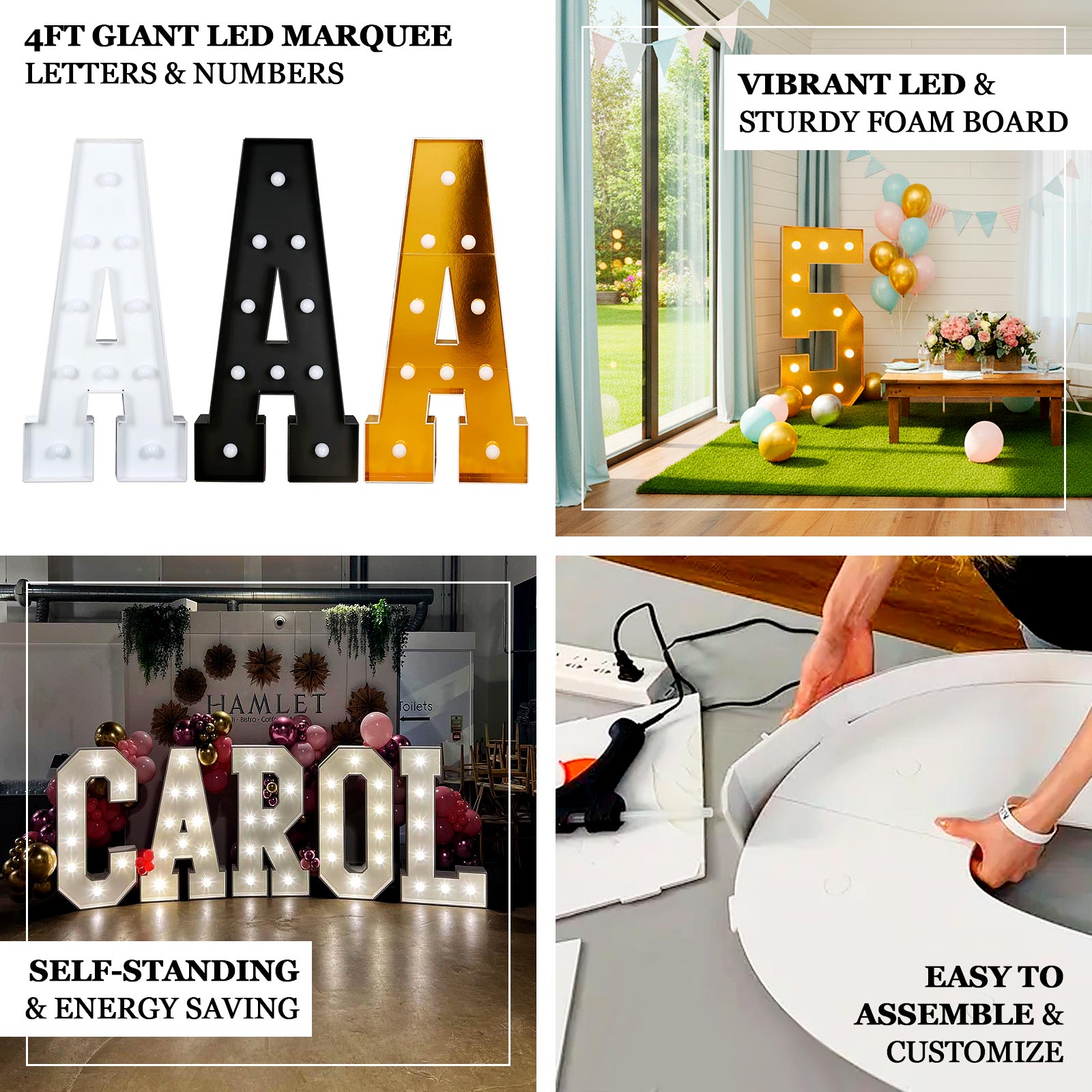 Giant LED Marquee Light Up Number "3", Black 4ft Pre-Cut Foam Board with 10 Warm White Battery Operated LEDs, Glue Gun and Sticks