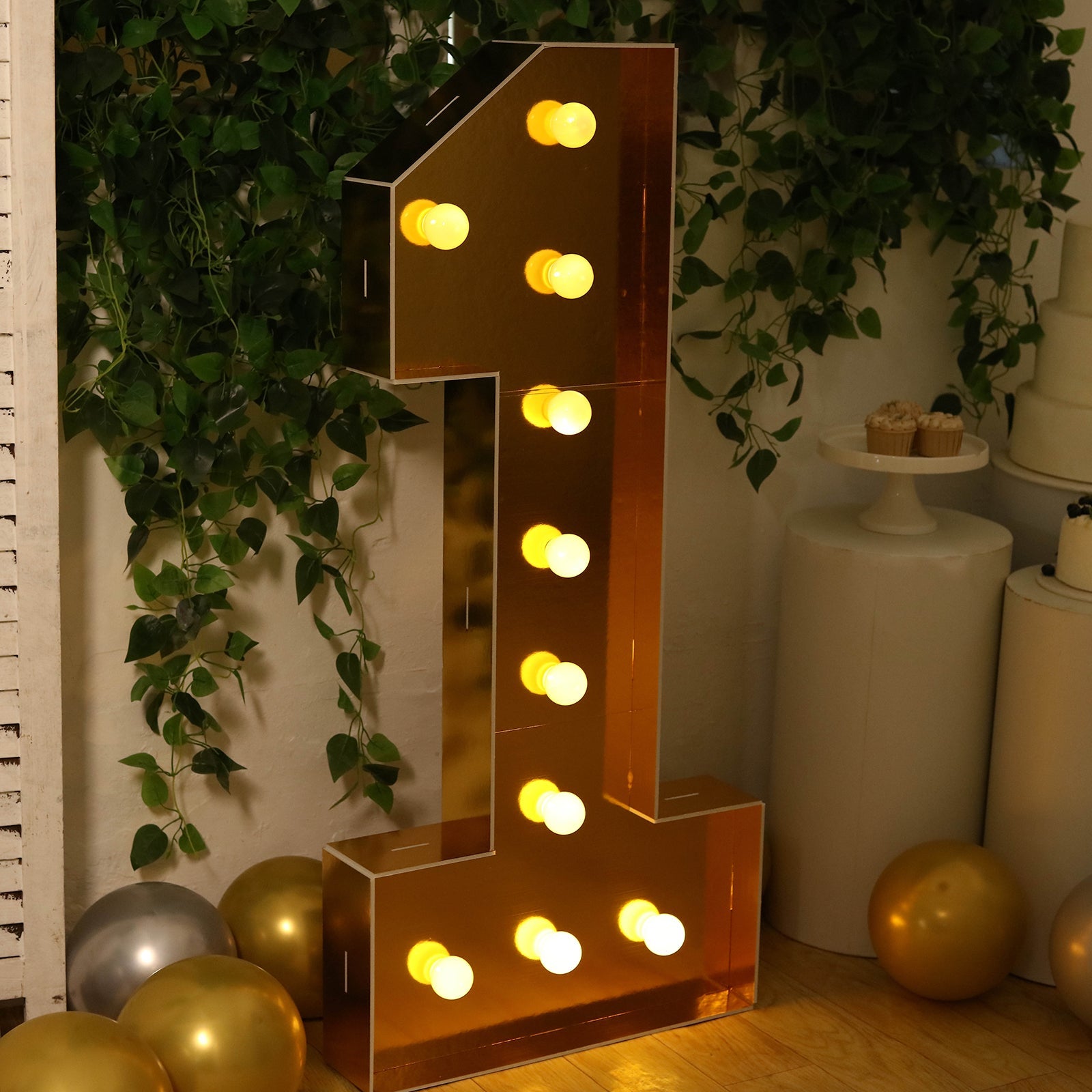 Giant LED Marquee Light Up Number "1", Gold 4ft Pre-Cut Foam Board with 10 Warm White Battery Operated LEDs, Glue Gun and Sticks