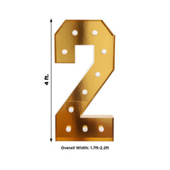 Giant LED Marquee Light Up Number "2", Gold 4ft Pre-Cut Foam Board with 10 Warm White Battery Operated LEDs, Glue Gun and Sticks