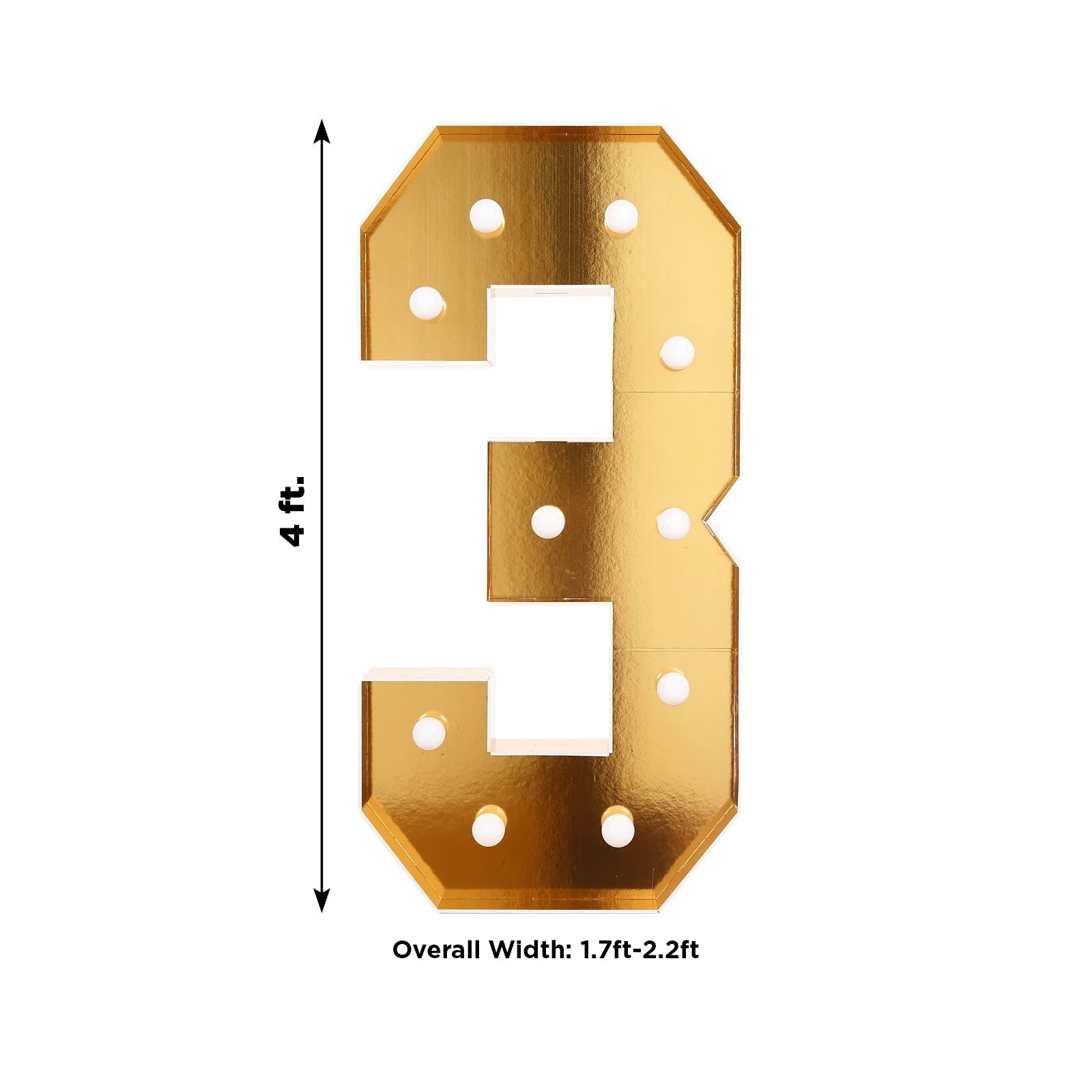 Giant LED Marquee Light Up Number "3", Gold 4ft Pre-Cut Foam Board with 10 Warm White Battery Operated LEDs, Glue Gun and Sticks