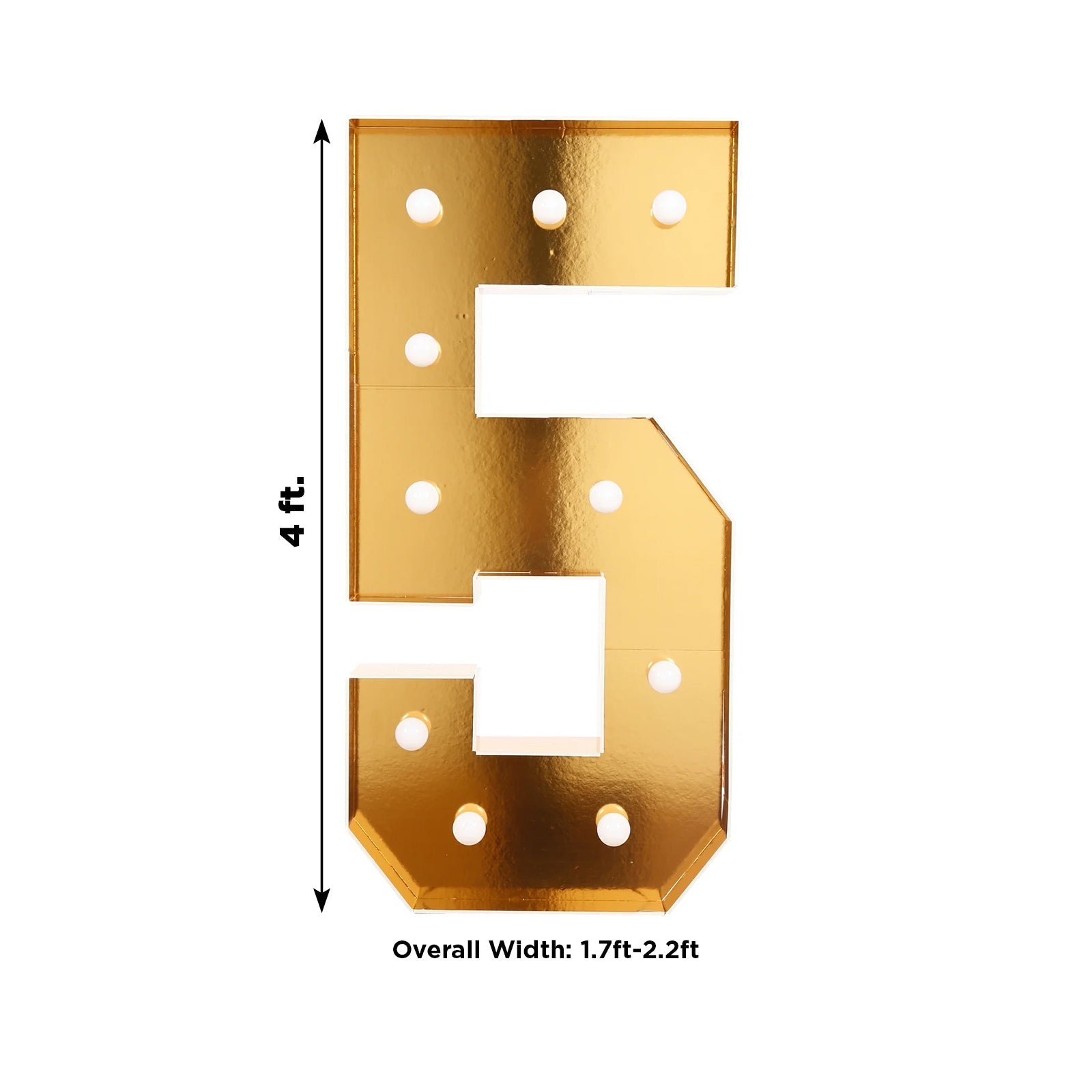 Giant LED Marquee Light Up Number "5", Gold 4ft Pre-Cut Foam Board with 10 Warm White Battery Operated LEDs, Glue Gun and Sticks