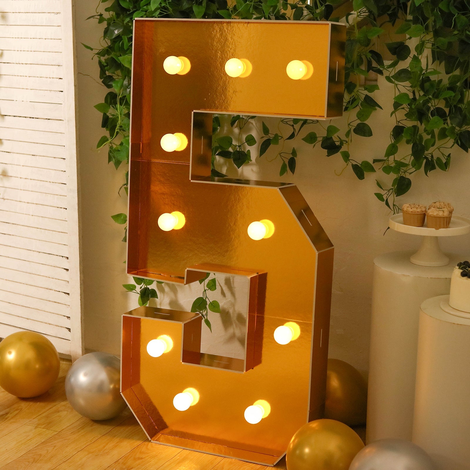 Giant LED Marquee Light Up Number "5", Gold 4ft Pre-Cut Foam Board with 10 Warm White Battery Operated LEDs, Glue Gun and Sticks
