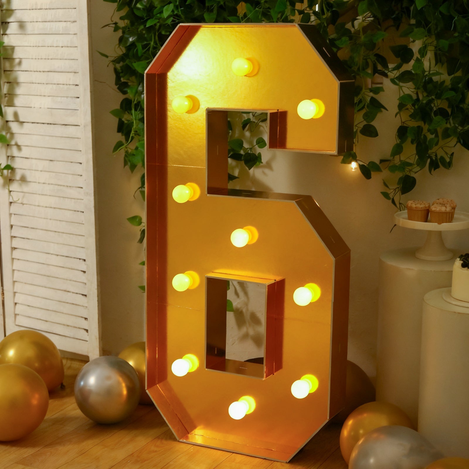 Giant LED Marquee Light Up Number "6", Gold 4ft Pre-Cut Foam Board with 10 Warm White Battery Operated LEDs, Glue Gun and Sticks