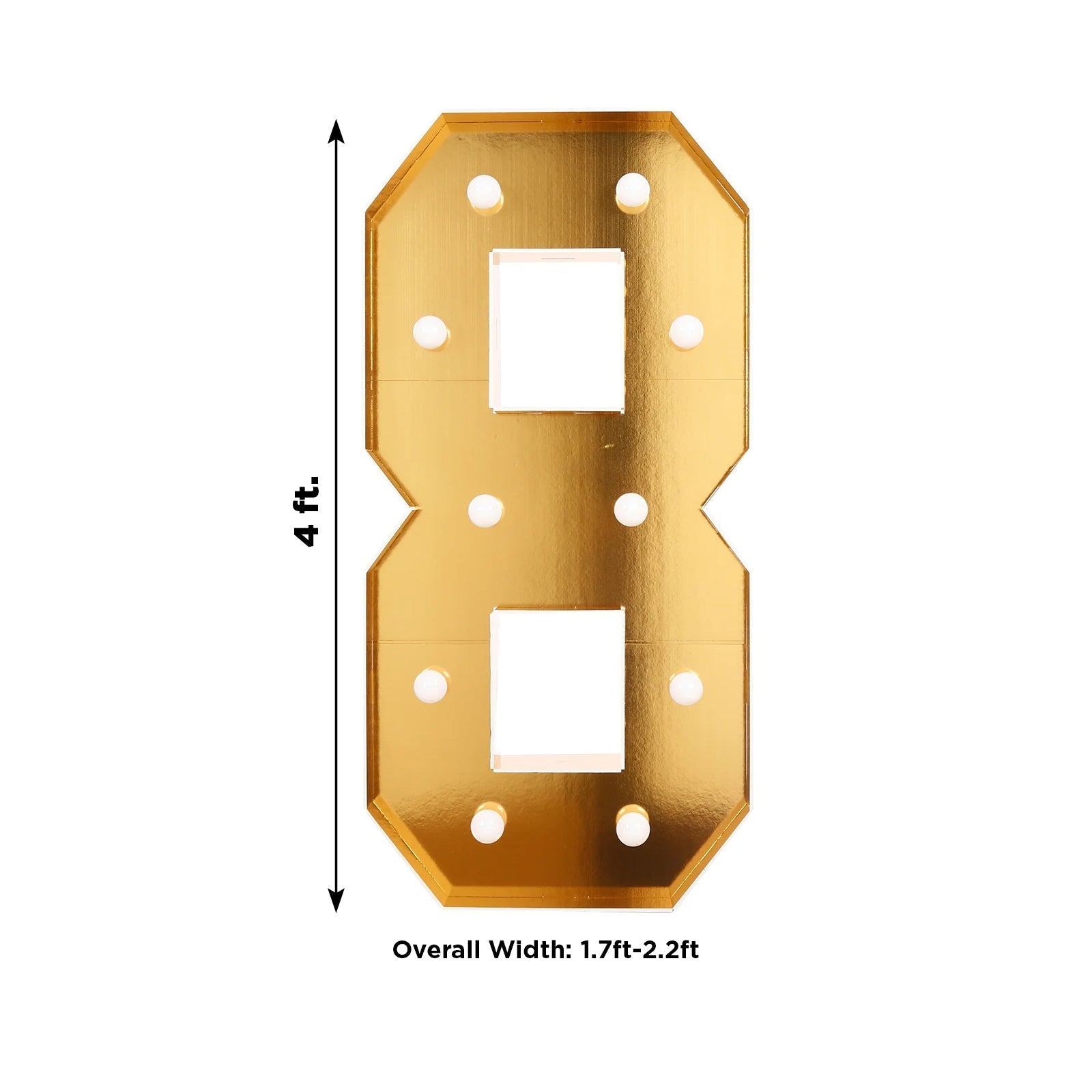 Giant LED Marquee Light Up Number "8", Gold 4ft Pre-Cut Foam Board with 10 Warm White Battery Operated LEDs, Glue Gun and Sticks
