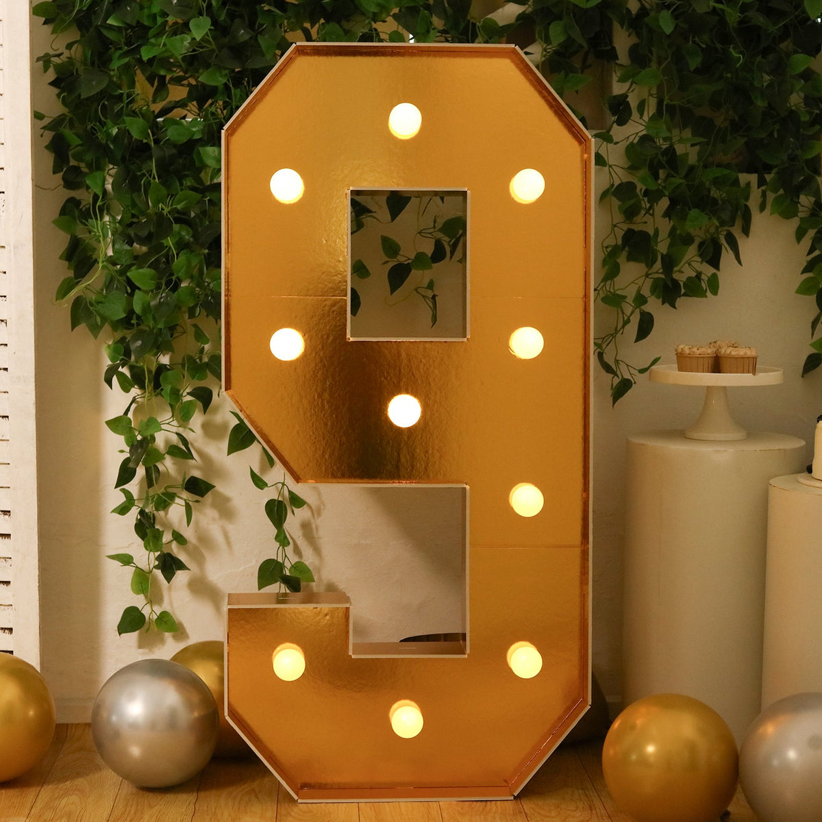 Giant LED Marquee Light Up Number "9", Gold 4ft Pre-Cut Foam Board with 10 Warm White Battery Operated LEDs, Glue Gun and Sticks