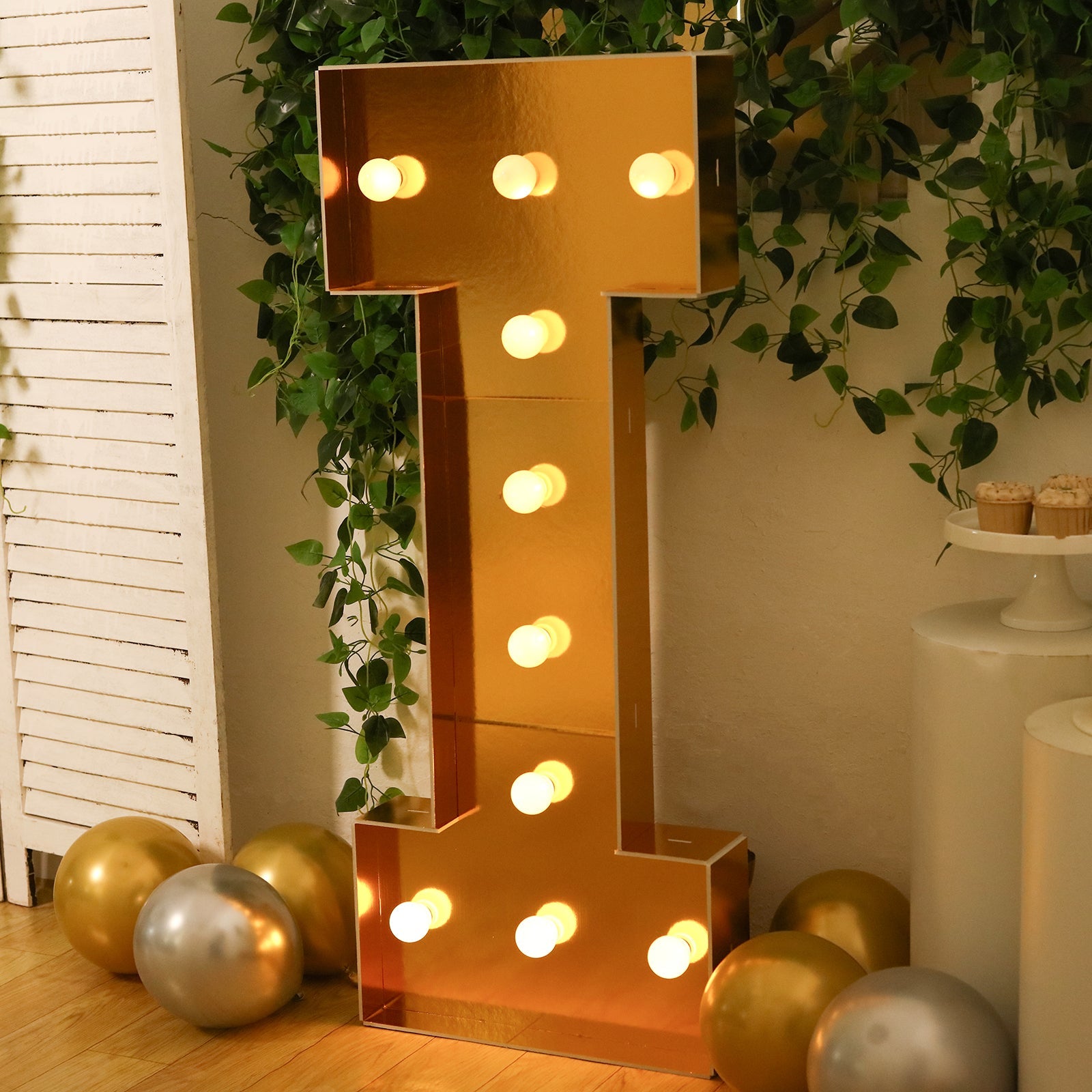 Giant LED Marquee Light Up Letter "I", Gold 4ft Pre-Cut Foam Board with 10 Warm White Battery Operated LEDs, Glue Gun and Sticks