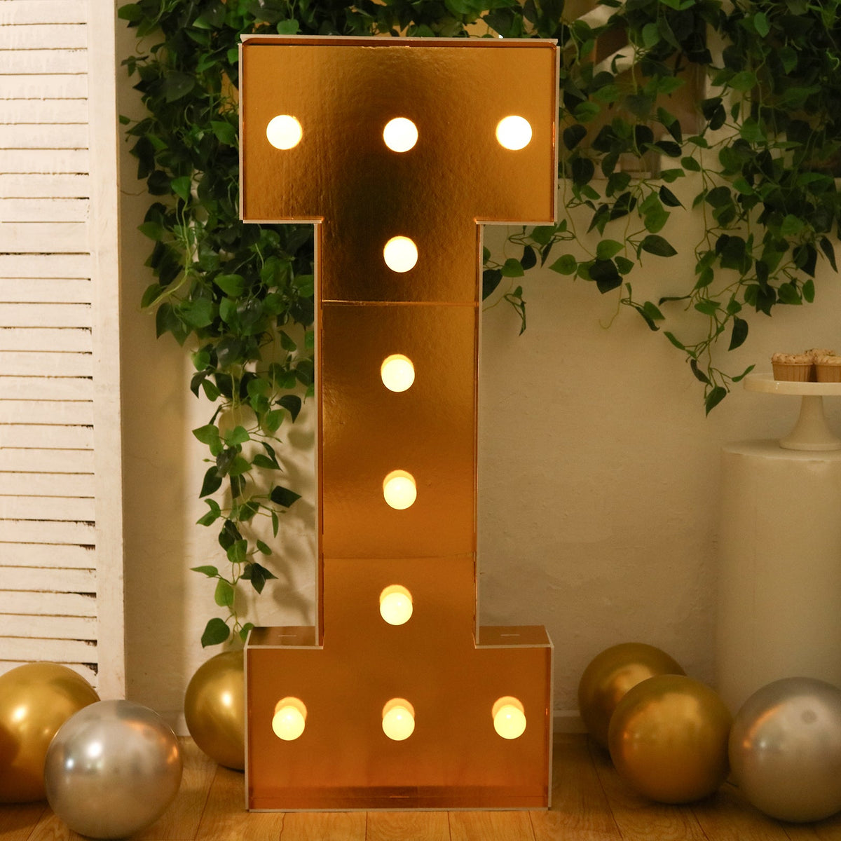 Giant LED Marquee Light Up Letter "I", Gold 4ft Pre-Cut Foam Board with 10 Warm White Battery Operated LEDs, Glue Gun and Sticks