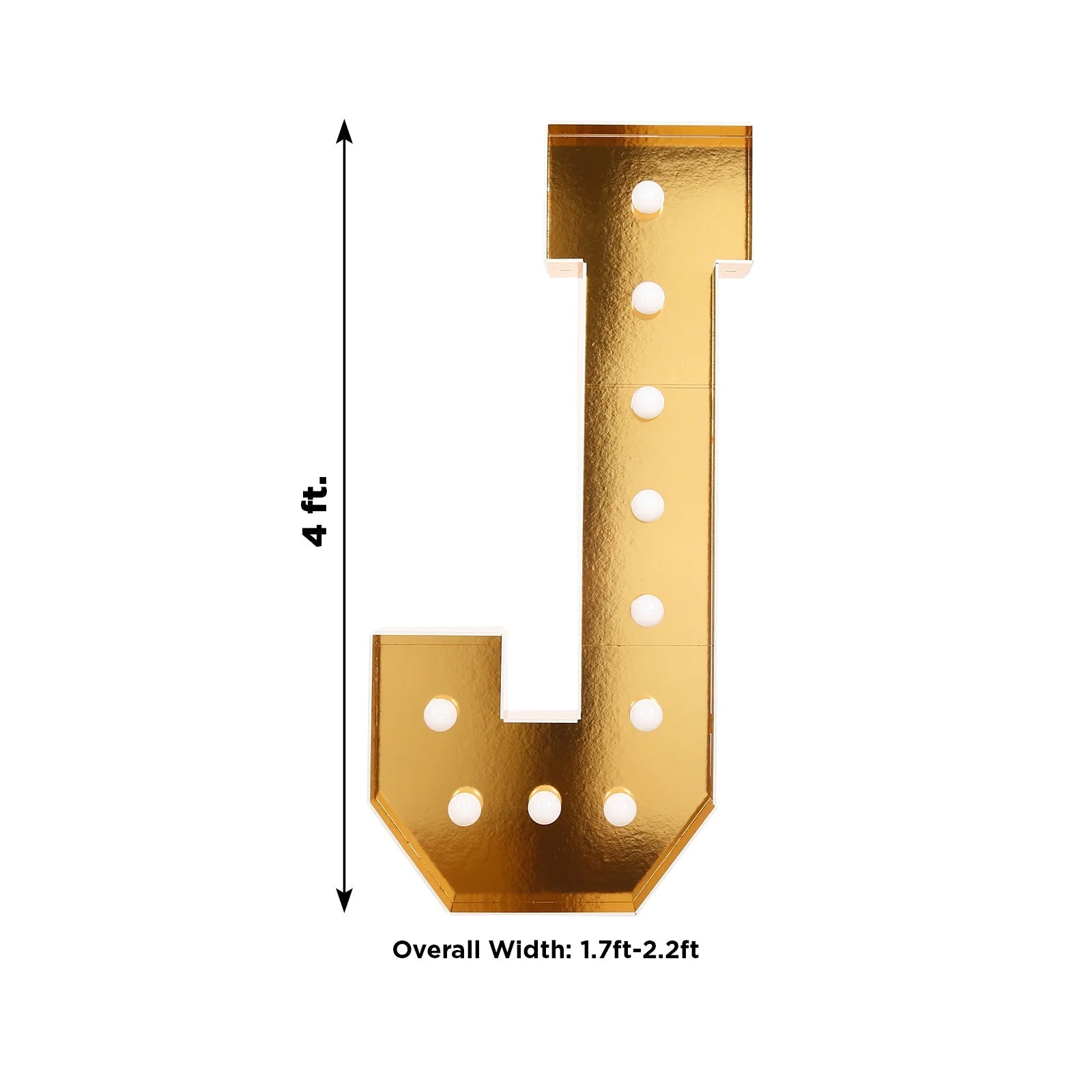 Giant LED Marquee Light Up Letter "J", Gold 4ft Pre-Cut Foam Board with 10 Warm White Battery Operated LEDs, Glue Gun and Sticks
