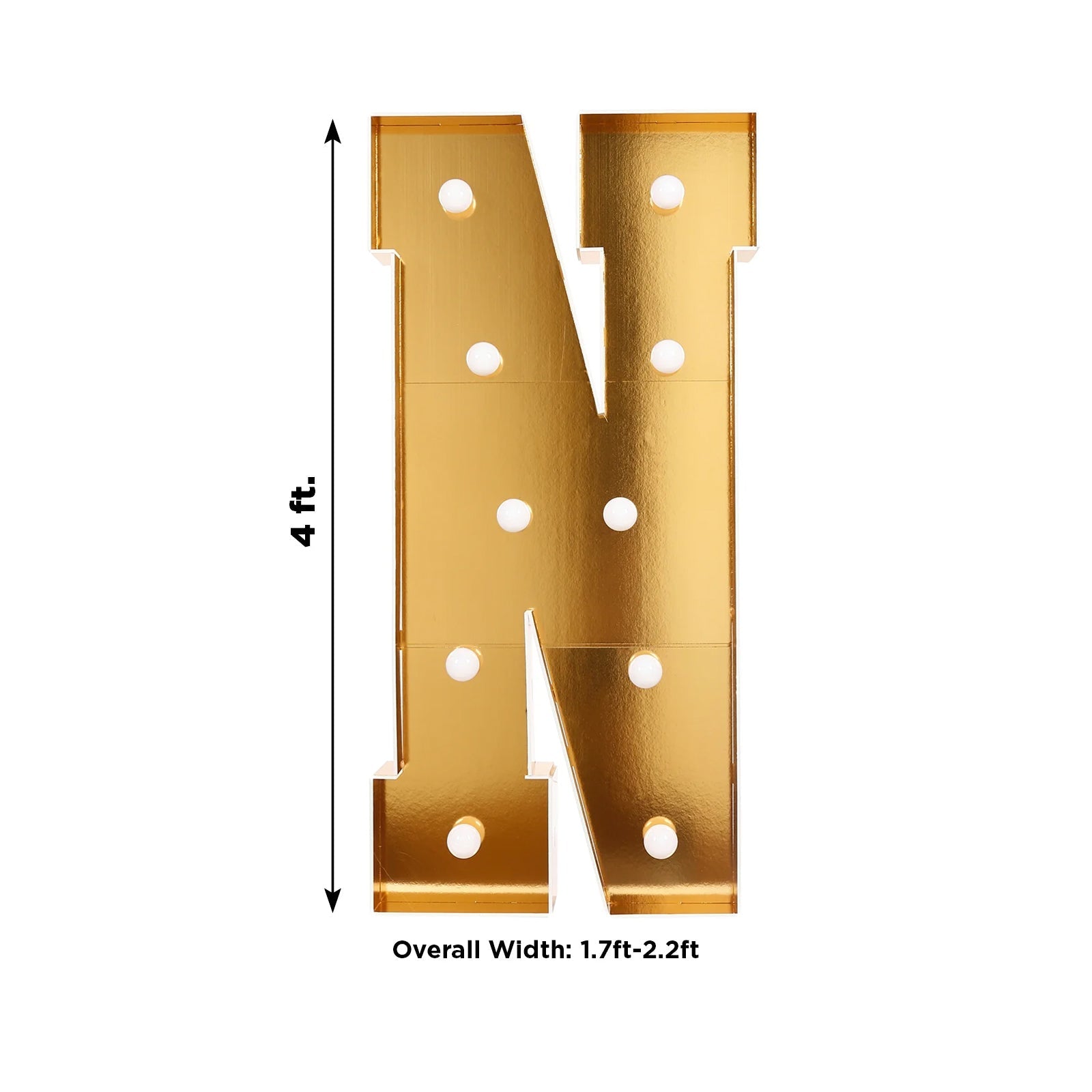 Giant LED Marquee Light Up Letter "N", Gold 4ft Pre-Cut Foam Board with 10 Warm White Battery Operated LEDs, Glue Gun and Sticks
