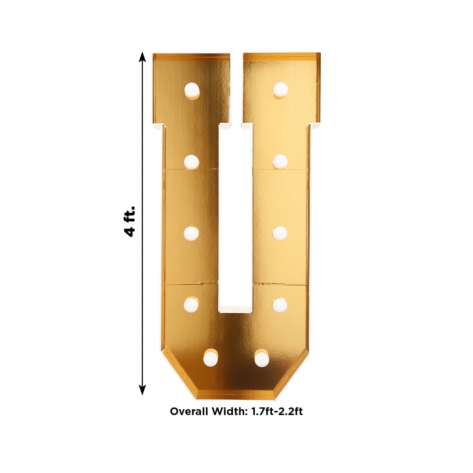 Giant LED Marquee Light Up Letter "U", Gold 4ft Pre-Cut Foam Board with 10 Warm White Battery Operated LEDs, Glue Gun and Sticks