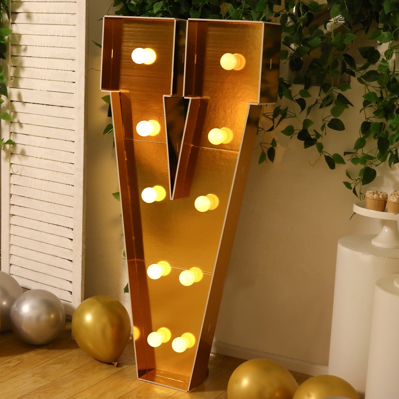 Giant LED Marquee Light Up Letter "V", Gold 4ft Pre-Cut Foam Board with 10 Warm White Battery Operated LEDs, Glue Gun and Sticks