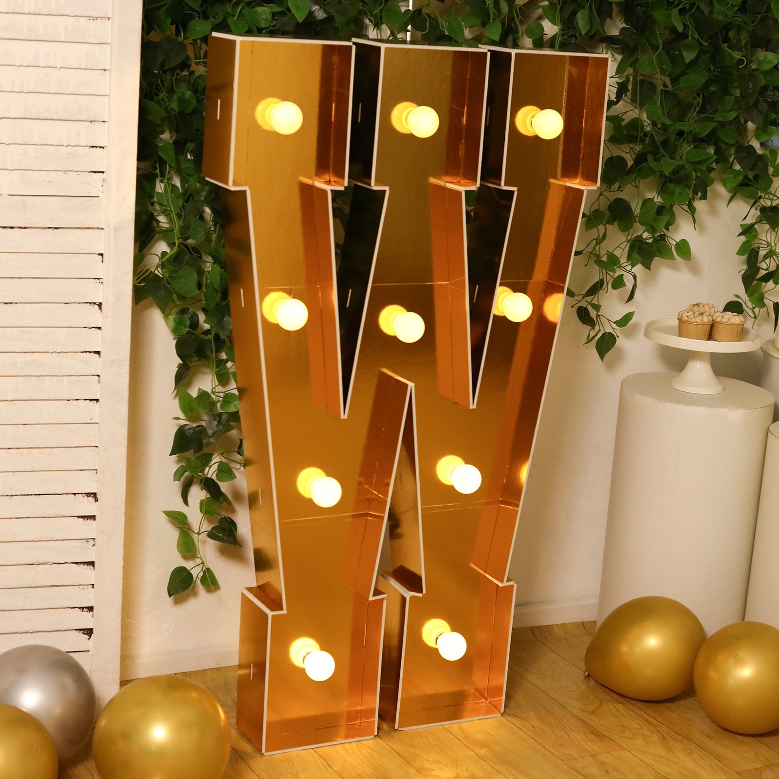 Giant LED Marquee Light Up Letter "W", Gold 4ft Pre-Cut Foam Board with 10 Warm White Battery Operated LEDs, Glue Gun and Sticks