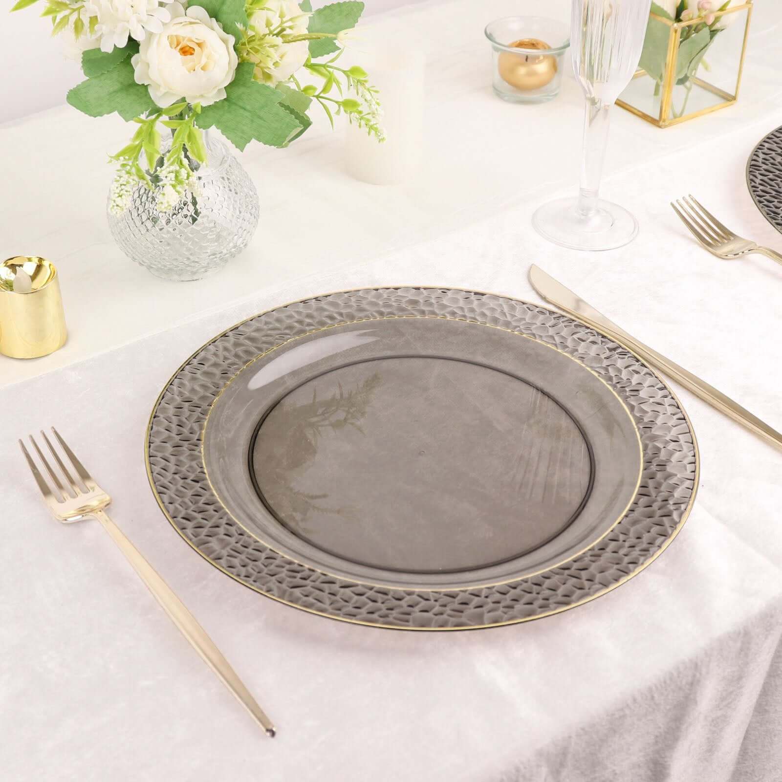 10-Pack Plastic 10" Round Dinner Plates in Opaque Black Hammered Design with Gold Rim - Disposable Party Plates for Chic Banquets & Special Occasions