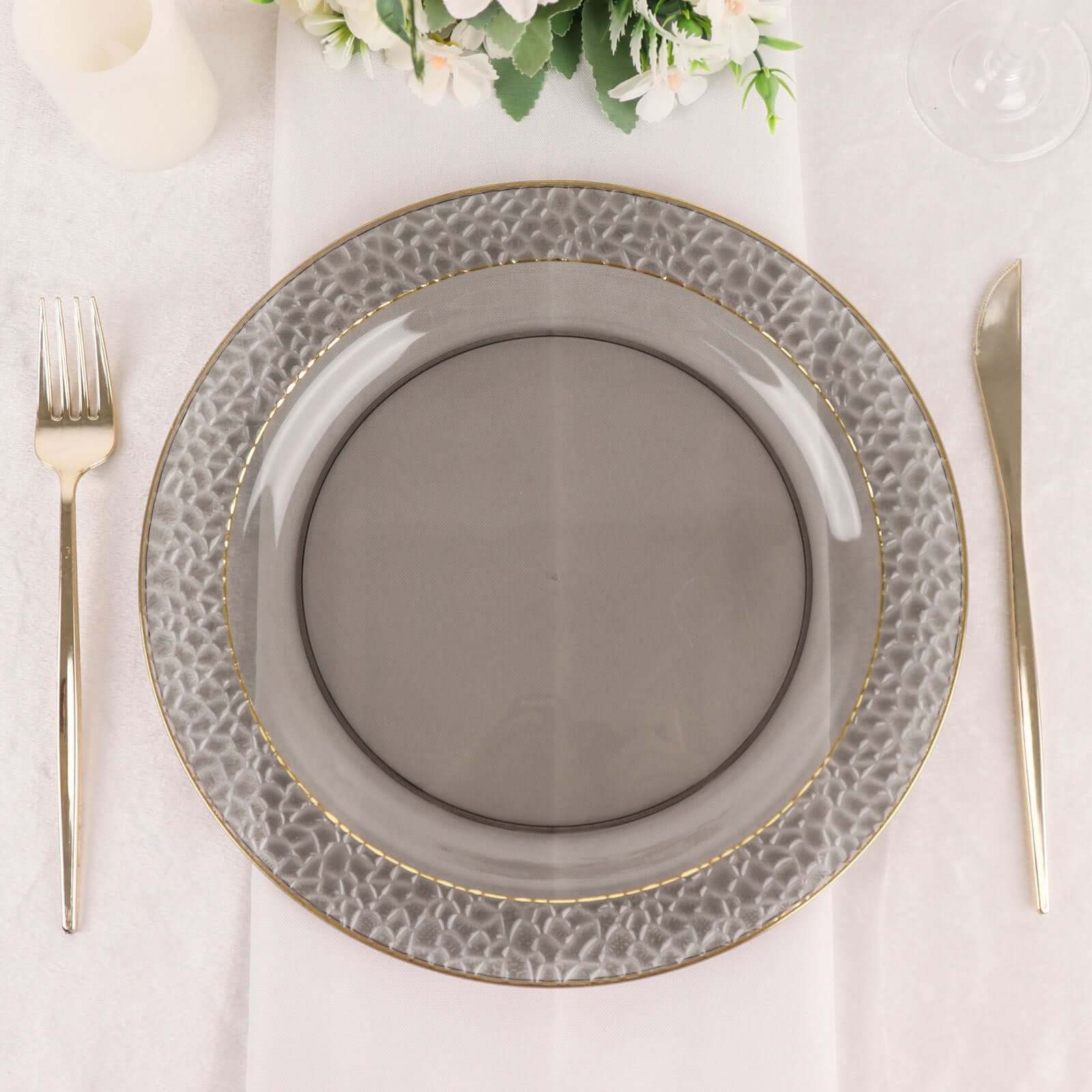 10-Pack Plastic 10" Round Dinner Plates in Opaque Black Hammered Design with Gold Rim - Disposable Party Plates for Chic Banquets & Special Occasions