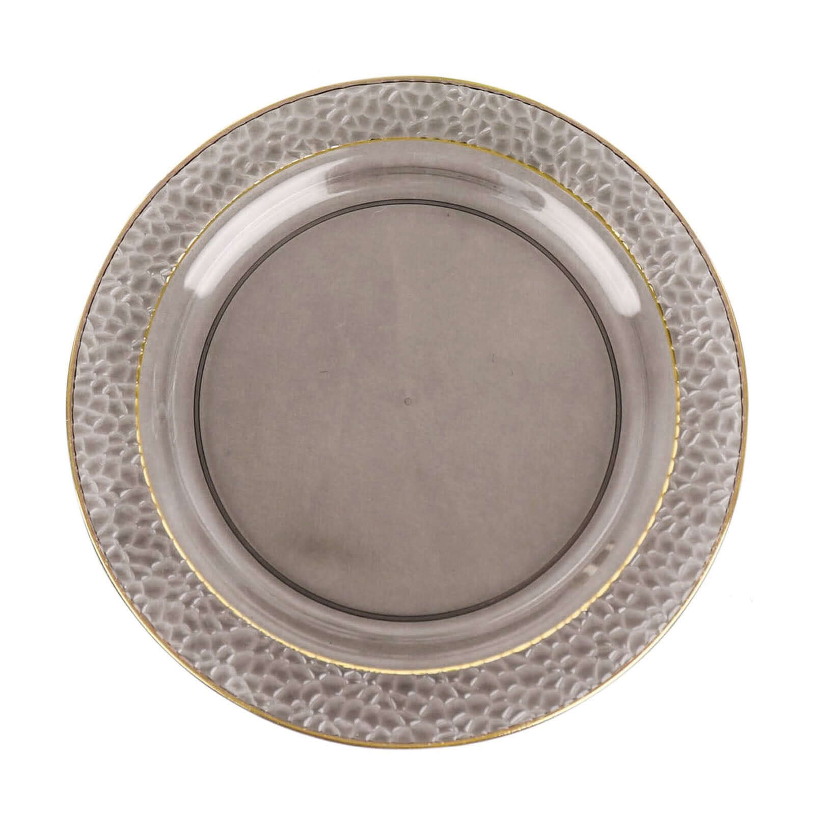 10-Pack Plastic 10" Round Dinner Plates in Opaque Black Hammered Design with Gold Rim - Disposable Party Plates for Chic Banquets & Special Occasions