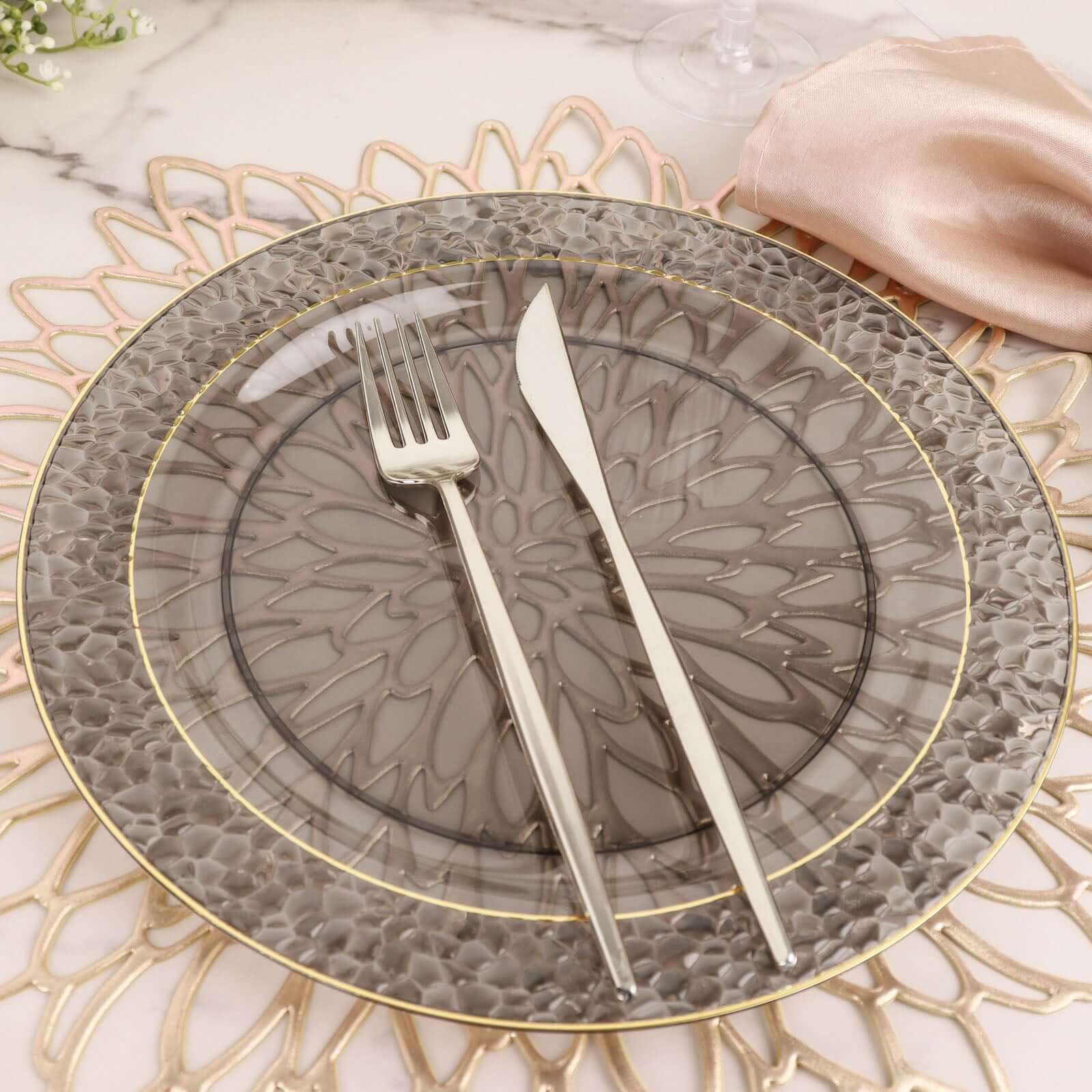 10-Pack Plastic 10" Round Dinner Plates in Opaque Black Hammered Design with Gold Rim - Disposable Party Plates for Chic Banquets & Special Occasions