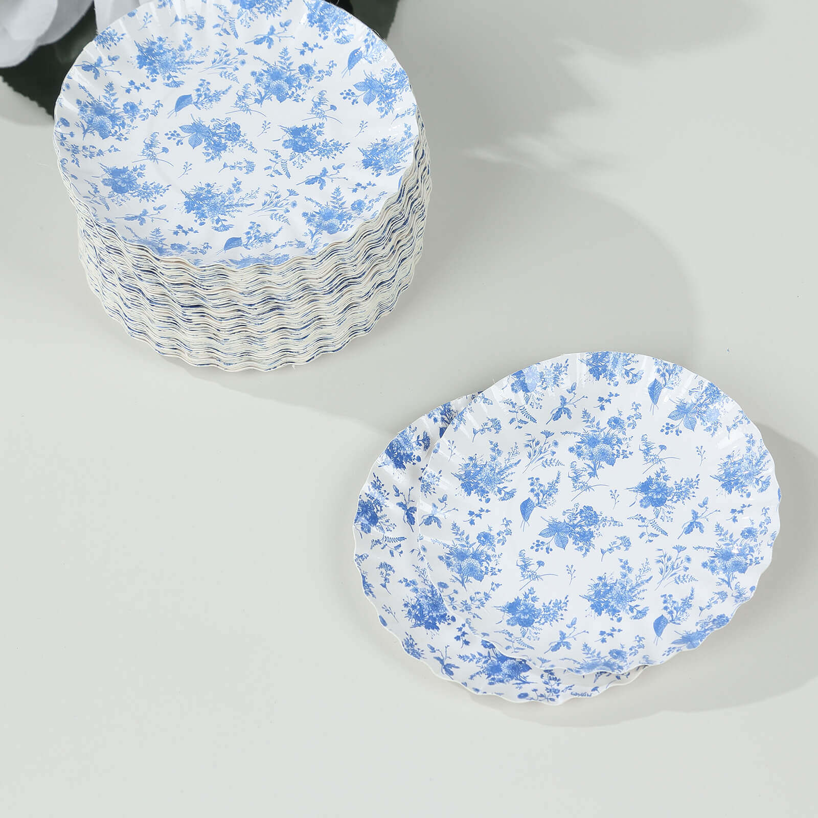 100-Pack Paper 3.5" Round Plates in White with Blue French Toile Design & Scalloped Rim - Disposable Mini 250GSM Dessert Party Plates for Tapas, Appetizers & Finger Foods