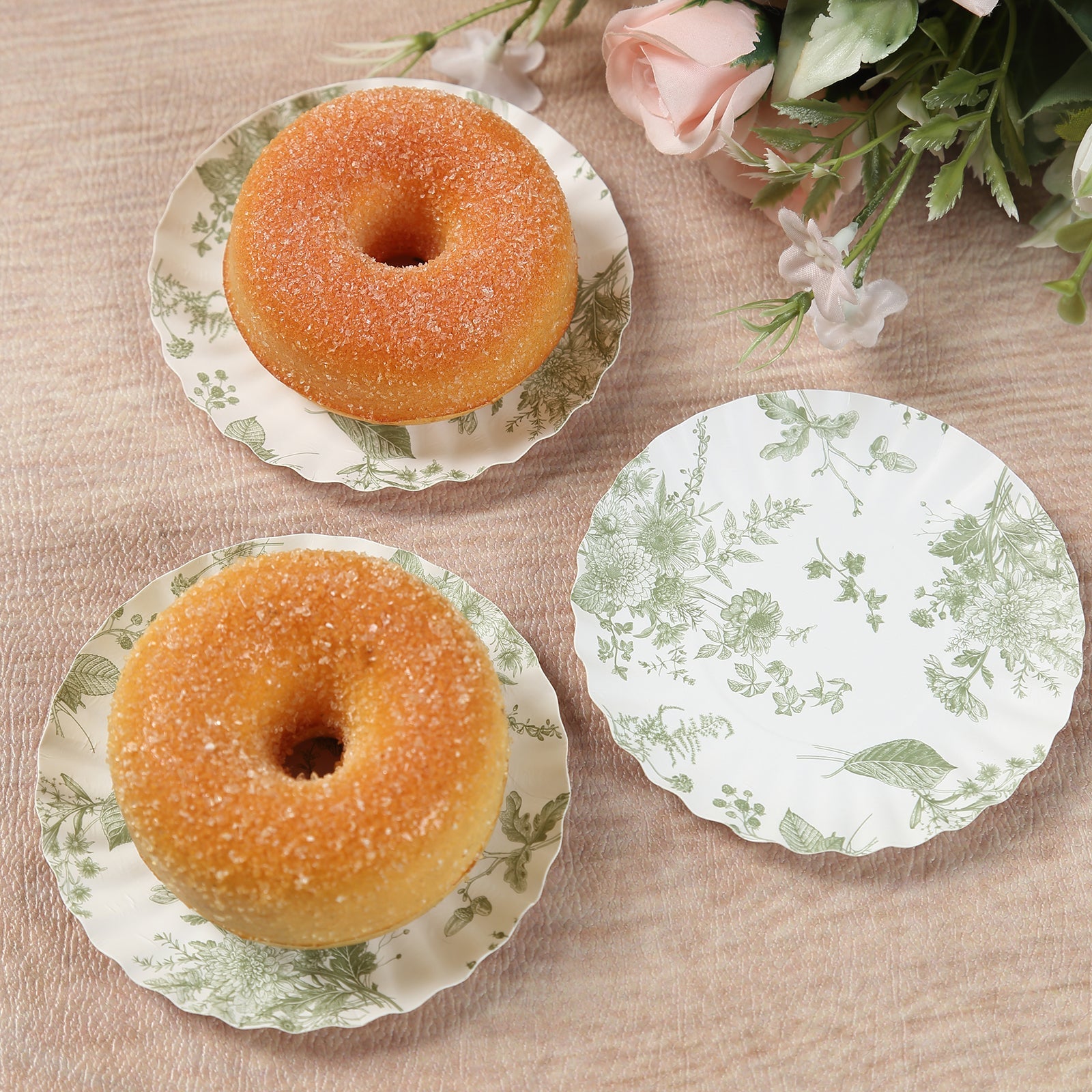 100-Pack Paper 3.5" Round Plates in White with Sage Green French Toile Design & Scalloped Rim - Disposable Mini 250GSM Dessert Party Plates for Tapas, Appetizers & Finger Foods