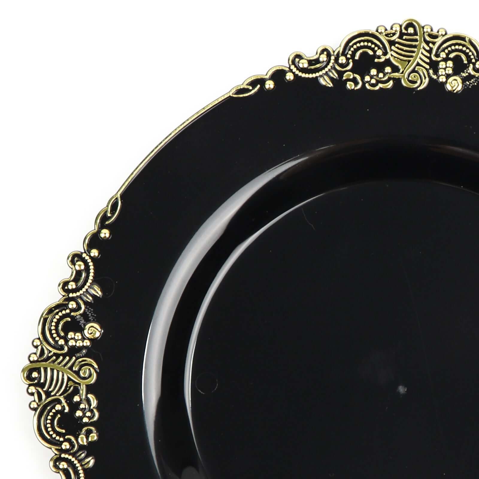 10-Pack Plastic 8" Round Dessert Plates in Black with Gold Leaf Embossed Rim - Disposable Vintage Baroque Style Salad Plates