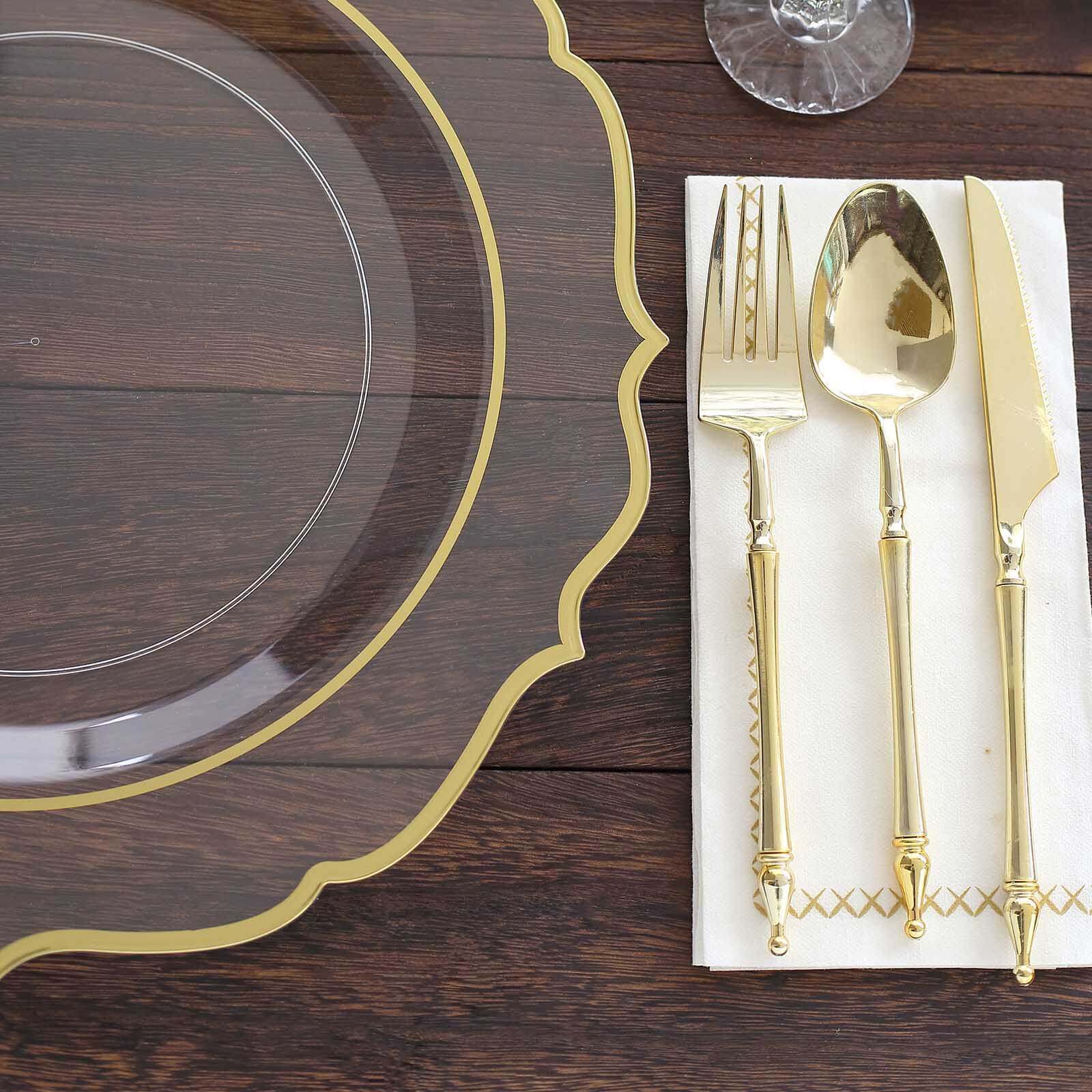 10-Pack Economy Plastic Round Charger Plates 13" in Clear with Gold Scalloped Rim, Decorative Dinner Party Serving Plates
