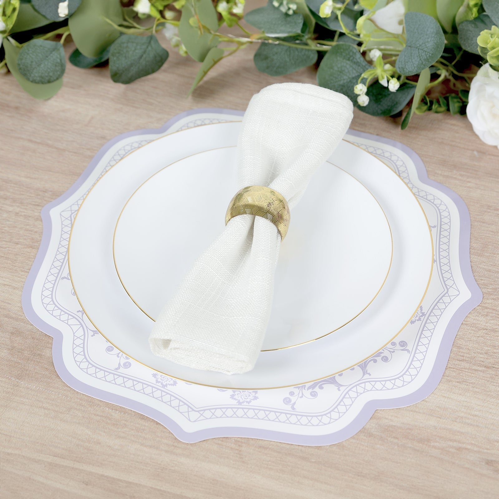 10-Pack Disposable Table Placemats 13" Round Placemats in White with Lavender Damask Floral Pattern & Scalloped Rim - 400GSM Cardboard Placemats for Stylish Table Setting