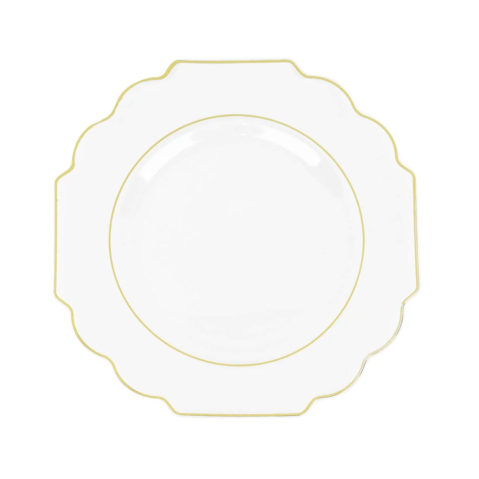 10-Pack Plastic Dessert Appetizer Plates in Clear Baroque Design with Scalloped Gold Rim - Heavy Duty Disposable Salad Plates 8"
