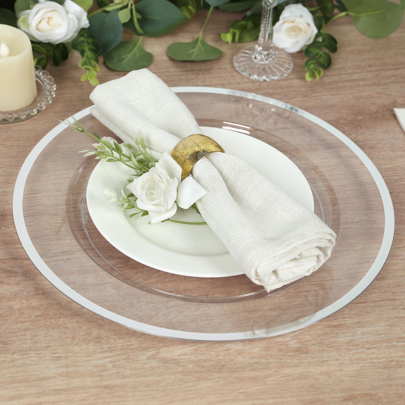 10-Pack Economy Plastic Round Charger Plates 12" in Clear with Wide Silver Rim, Decorative Dinner Party Serving Plates