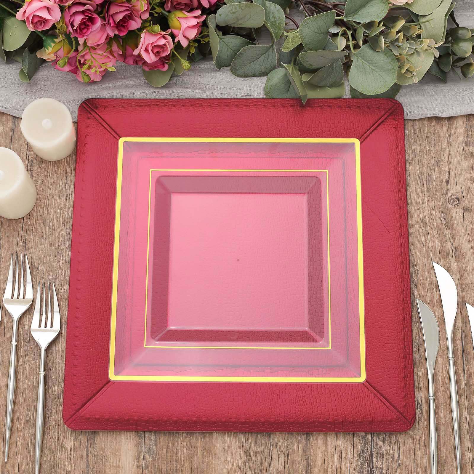 10-Pack Disposable Square Charger Plates in Burgundy with Leather Like Texture - 1100GSM Durable Paper Chargers 13"