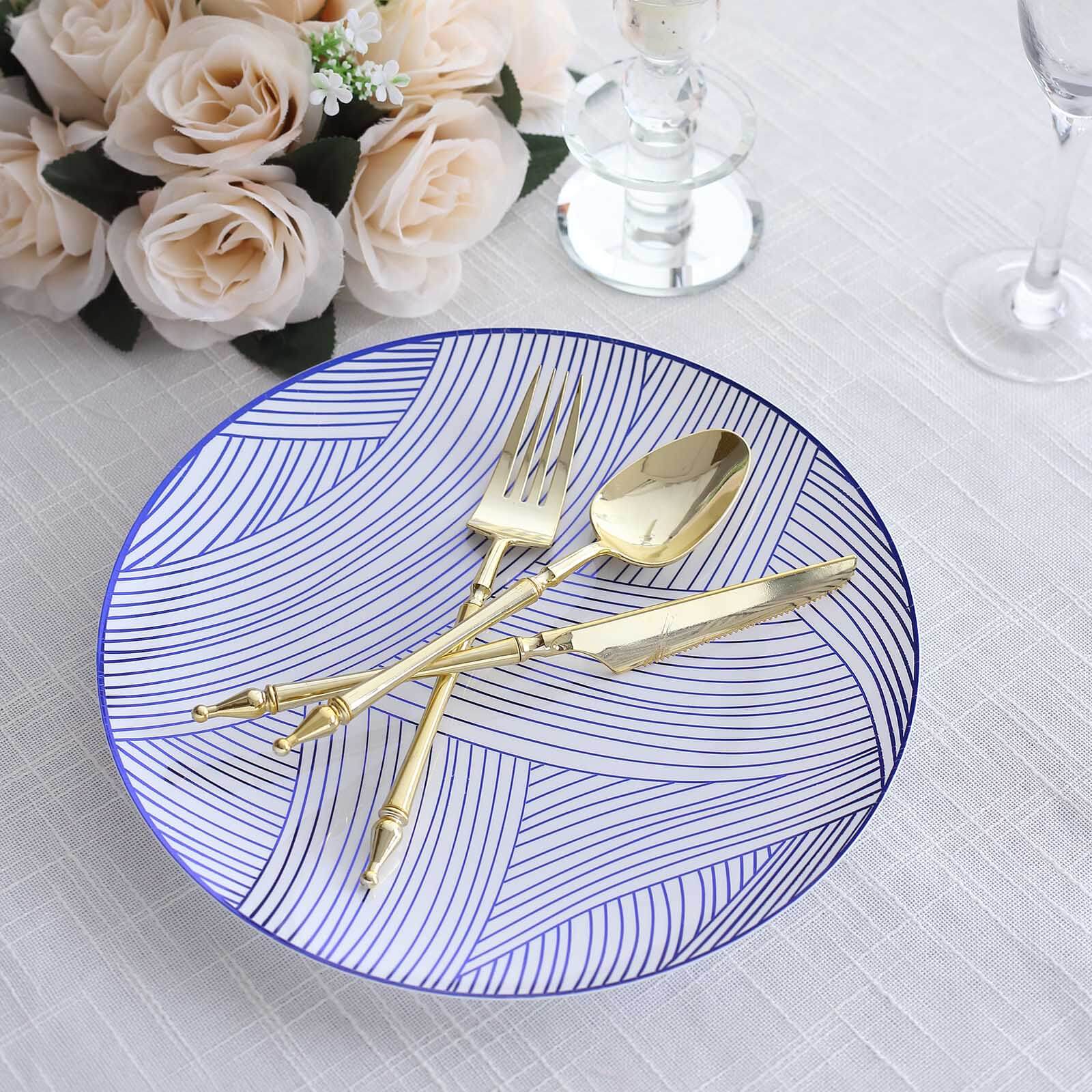 10-Pack Plastic 10" Round Dinner Plates in White with Blue Wave Brush Strokes Pattern - Disposable Party Plates