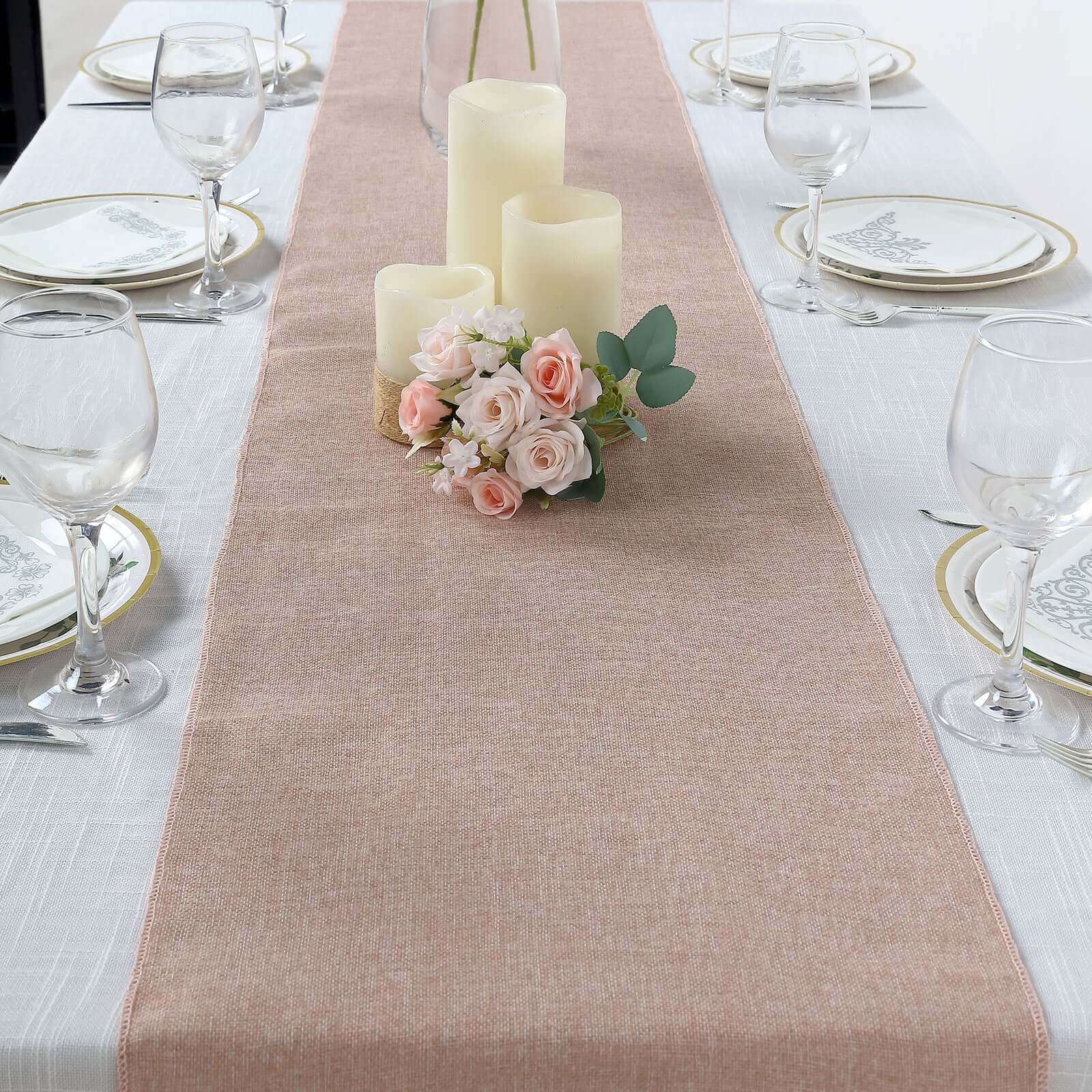 Faux Linen 14"x108" Table Runner Dusty Rose - Rustic Style Table Decor