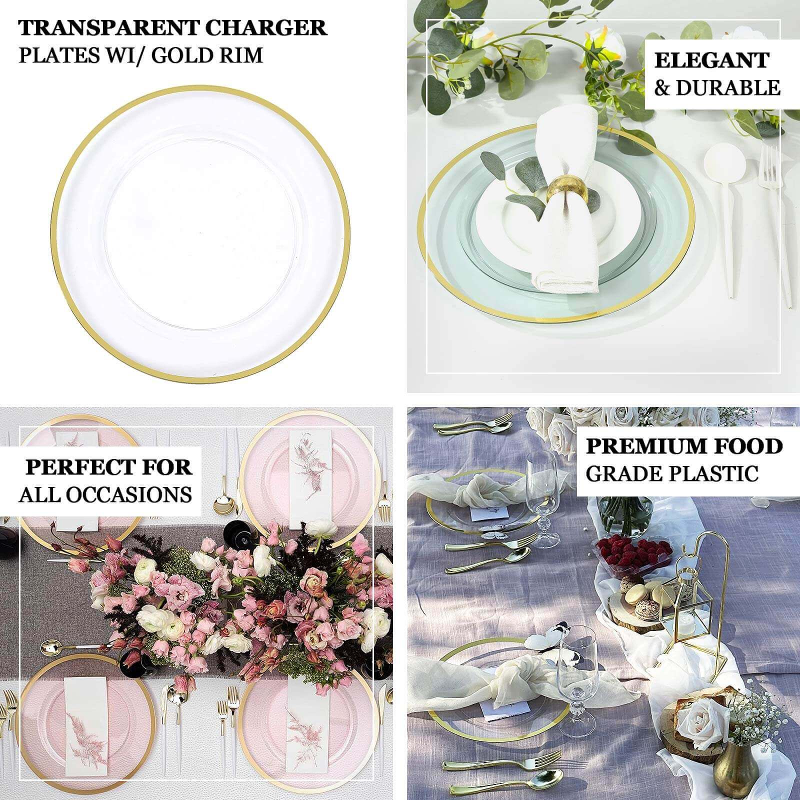 10-Pack Economy Plastic Round Charger Plates 12" in Blush with Wide Gold Rim, Decorative Dinner Party Serving Plates