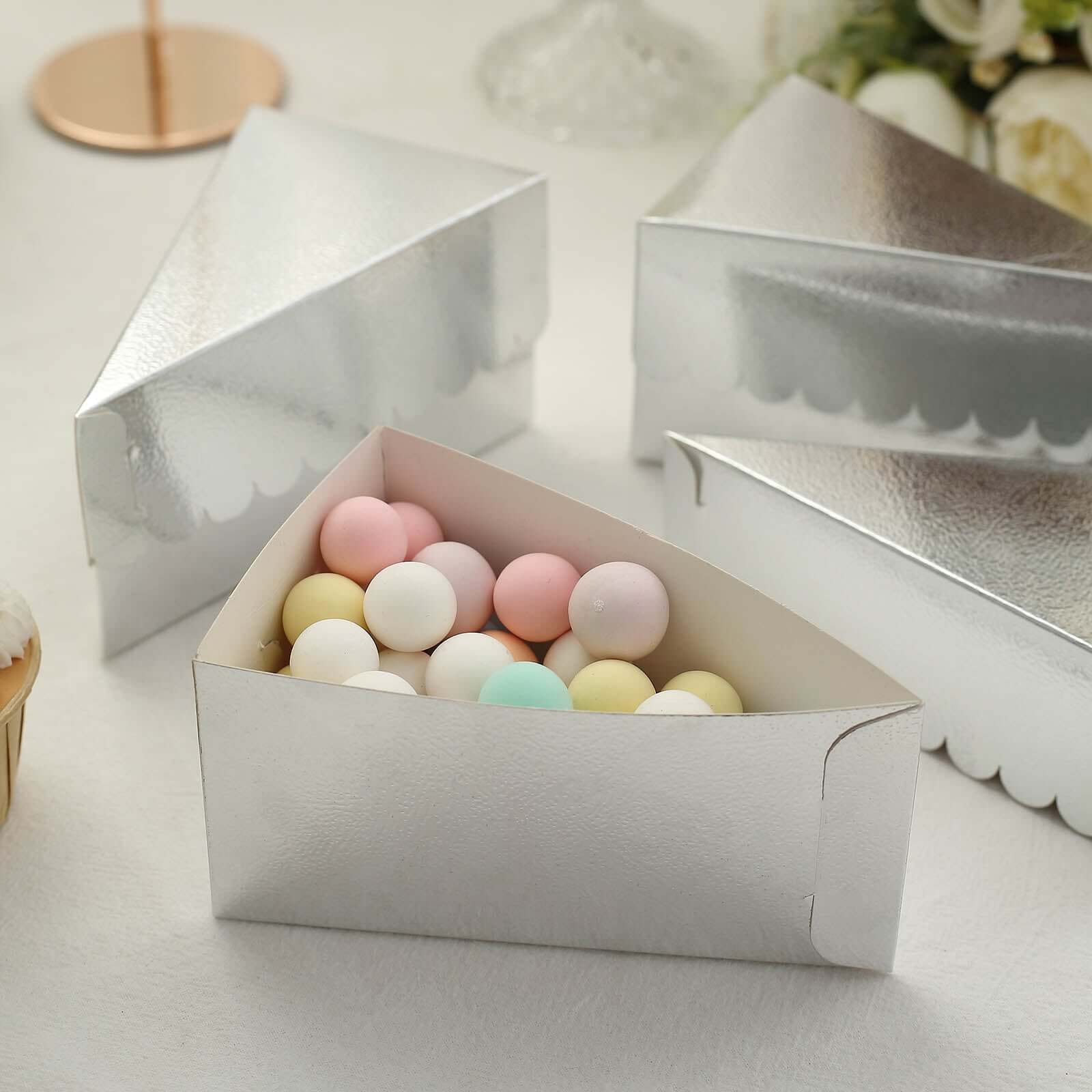 10-Pack Cardstock Triangle Cake Slice Boxes Metallic Silver with Scalloped Top - Decorative Takeaway Dessert Containers for Pie Snacks & Party Favors 5"x3"