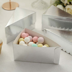 10-Pack Cardstock Triangle Cake Slice Boxes Metallic Silver with Scalloped Top - Decorative Takeaway Dessert Containers for Pie Snacks & Party Favors 5"x3"