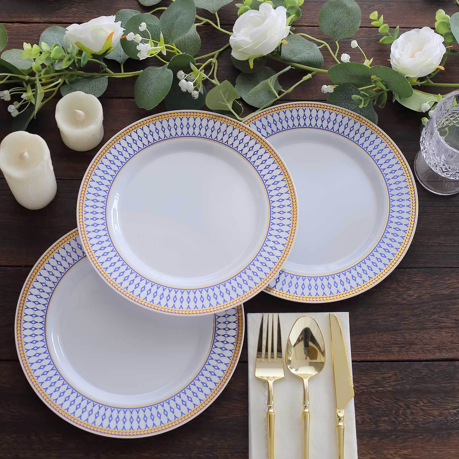10-Pack Plastic 9" Round Dinner Plates in White with Gold Navy Blue Chord Rim - Renaissance Style Disposable Plates for Events & Banquets