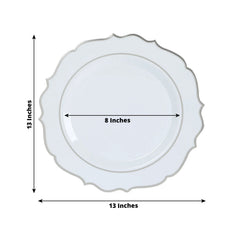 10-Pack Economy Plastic Round Charger Plates 13" in White with Silver Scalloped Rim, Decorative Dinner Party Serving Plates