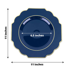 10-Pack Plastic Dinner Plates in Navy Blue Baroque Design with Scalloped Gold Rim - Heavy Duty Disposable Party Plates 11"